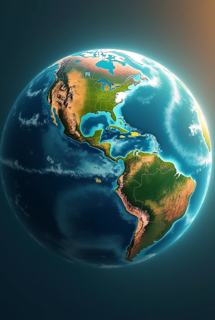 For the design, color, and shape of the planet:
1. **Shape**: The planet would be roughly spherical, like Earth, for even distribution of gravity and climate.
2. **Color**: The surface would feature vibrant blues from oceans, lush greens from forests, and varied browns and grays from mountains and deserts. The atmosphere might give a gentle, warm hue, such as a soft aqua or light lavender, due to scattering of sunlight.
3. **Design**: The surface would have a mix of land and water with large, interconnected continents and expansive oceans. The design would include visible mountain ranges, deep valleys, and expansive plains to create a visually stunning and diverse landscape.