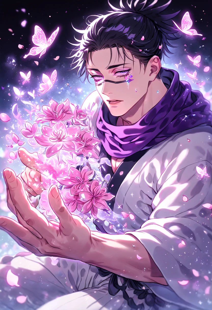 absurdres, highres, ultra detailed, HDR, master piece, Choso, black hair, expressive purple eyes, purple scarf, white clothes, Jujutsu Kaisen, fantasy, glittering pink butterflies, petals, magical, handsome, sexy man, solo, very detailed eyes and face, glittering, pink flowers, sensual, horny, crystal glass magic, pink shining fireflies, pink fire, manly man, white pants