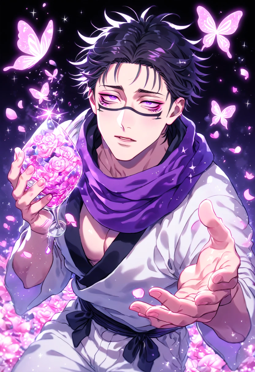 absurdres, highres, ultra detailed, HDR, master piece, Choso, black hair, expressive purple eyes, purple scarf, white clothes, Jujutsu Kaisen, fantasy, glittering pink butterflies, petals, magical, handsome, sexy man, solo, very detailed eyes and face, glittering, pink flowers, sensual, horny, crystal glass magic, pink shining fireflies, pink fire, manly man, white pants