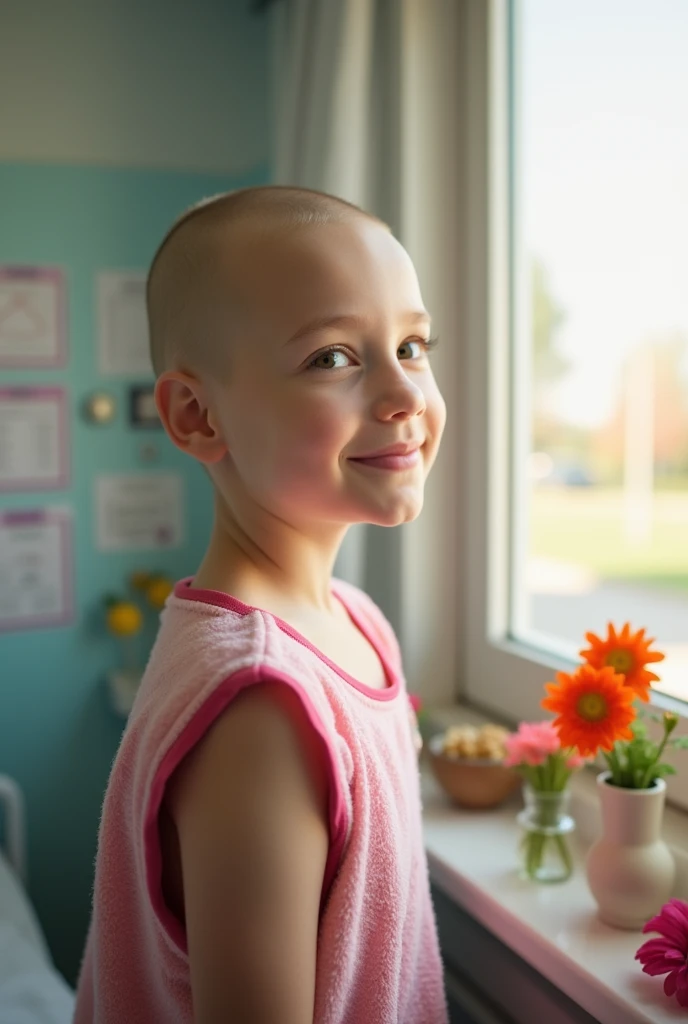 bald girl , She is hospitalized.  , beautiful girl with light hazel eyes , pink lips , A look of gratitude , pink pajama vest 