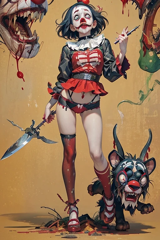 (Midnight Amusement Park),((Horror taste))、A clown looking up at the sky alone.、Sad expression、（（Full body portrait））、He's holding a bloodstained knife.、Anime-style illustrations、Very revealing and open clothing 、Underwear is visible
