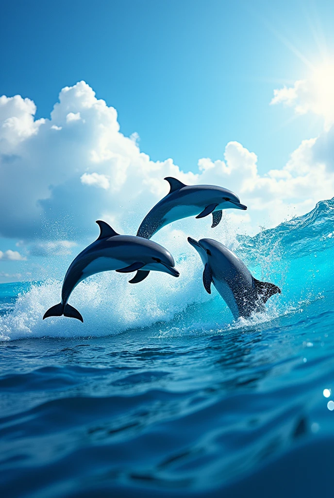 Blue sea dolphins jumping