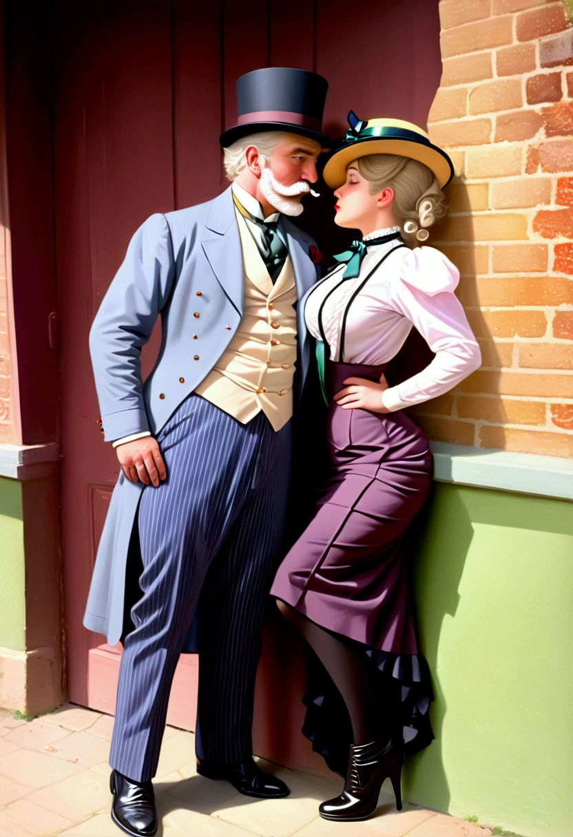 Year 1901. (((1man, 1girl:1.5))). A gorgeous thotty **** blonde Gibson Girl ((having sex:1.5)) with an aged horny 69yo white-haired gentleman. 1900_dress. (((NSFW.))) Man cornering girl on a wall. Man one head taller than girl. Girl wearing high-collar long sleeve dress, ornate wide-brimmed flat picture hat, long skirt, petticoats, stockings, boots, hourglass figure, buxom, wasp waist, bubble butt. Man wearing three-piece business suit and bowler hat, handlebar mustache, beard.