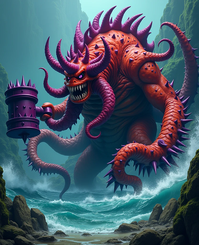 kraken warrior,vivid red and red-orange with dark red speckles,covered in purple spikes and horns,giant spiked purple hammer,green ruins in tentacles,(best quality,4k,8k,highres,masterpiece:1.2),ultra-detailed,(realistic,photorealistic,photo-realistic:1.37),retro arcade art style