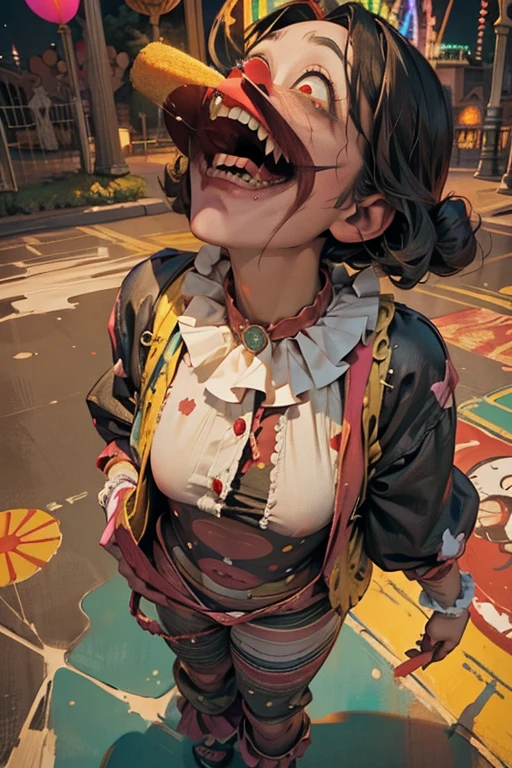 (Midnight Amusement Park),((Horror taste))、A clown looking up at the sky alone.、Sad expression、((Full body portrait))