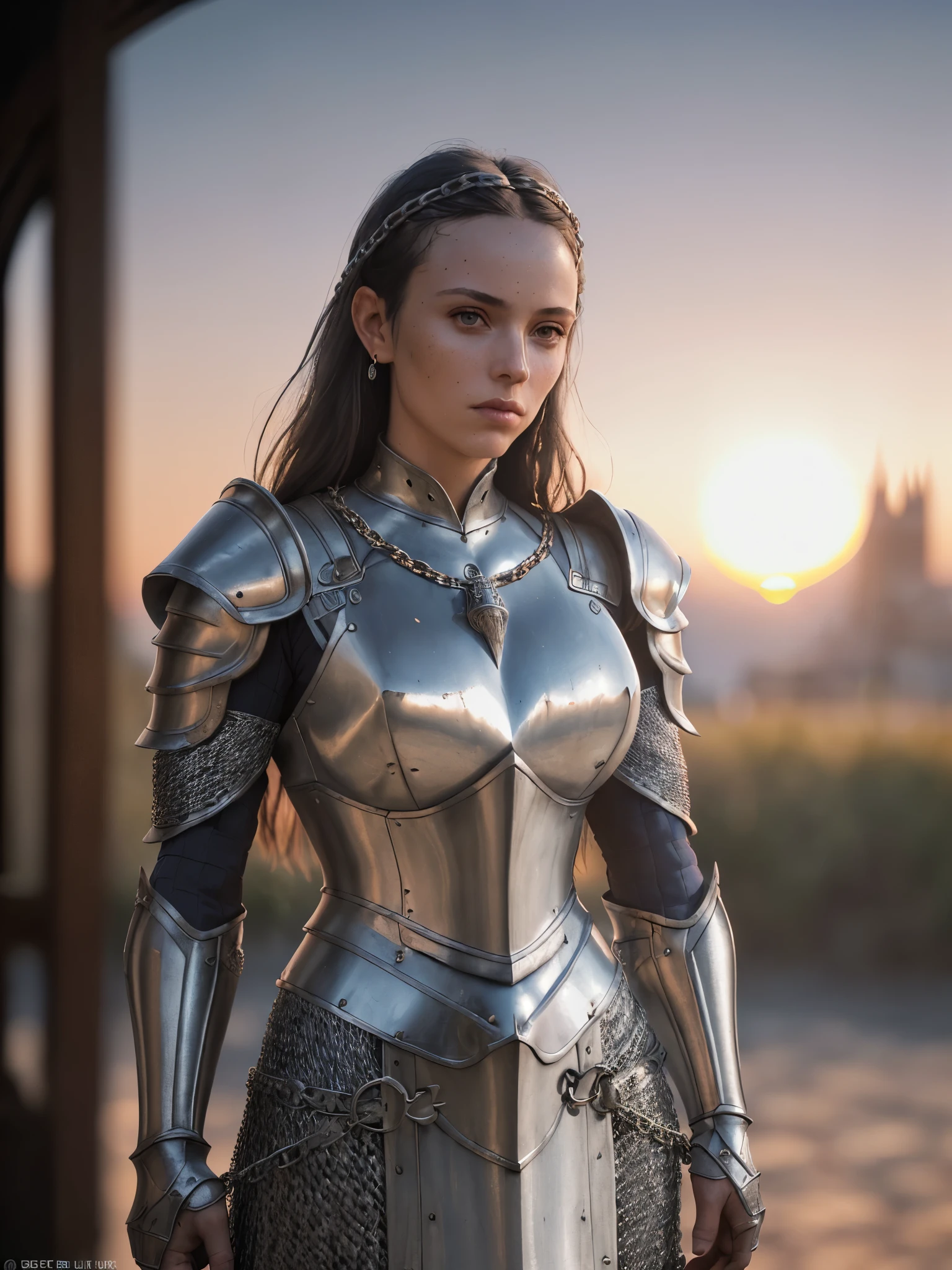 (artwork), (Extremely complex:1.3), (Realist), portrait , The most beautiful in the world, (Medieval Armor), Metal Reflection, Dry, outdoor, strong sunlight, distant castle, Professional photo of a stunningly detailed woman, Clear focus, Dramatic, Grant, movie lighting, Unreal Engine Octane Rendering, Volume DTX, (Film Grain, Blurred background, Blurred foreground, Bokeh, Depth of Field, Sunset, blur motion:1.3), Chain Mail