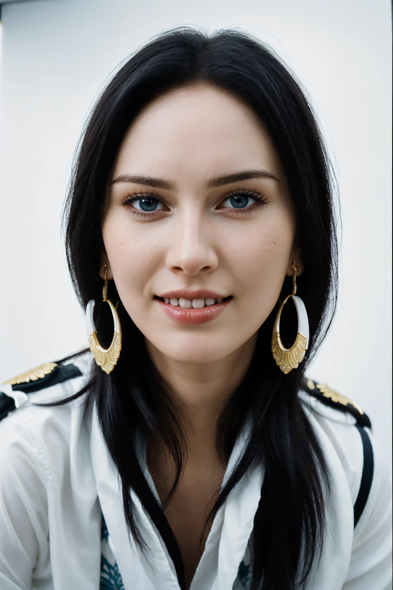 ultra realistic 8k cg, (dark background, delicate pattern, intricate detail, highly detailed, fine details), best quality, (photorealistic:1.4),beautiful lighting, absurdres, RAW photo, film grain, ((medium breasts, slim girl, close-up, portrait)), NicoRobin, 1girl, solo, black hair, long hair, jewelry, (earrings, blue eyes), ((slim girl, medium breasts)), cleavage, smile, dress, cape, epaulettes, navel, midriff, blush, collarbone, (complex detailed background, blue sky, nature environment, close-up, portrait),stunning attractive figure, beautiful photo of sexy woman, looking seductively in front, black hair,ultra realistic 8K CG, masterpiece, ((white background, delicate pattern, intricate details)), (highly detailed, fine details), best quality, 1 girl, big breasts ), 18 years old, white skin, feminine, charming, hair back, perfect body, standing on the floor,natural ilumination, too white skin, (close-up, editorial photograph of a 18 year old woman), (highly detailed face:1.4) (smile:0.7) (background inside white, moody, private study:1.3) POV, by lee jeffries, nikon d850, film stock photograph ,4 kodak portra 400 ,camera f1.6 lens ,rich colors, hyper realistic ,lifelike texture, natural lighting , cinestill 800, hair back, sun glasses above the head, natural makeup , too white skin, nico robin, lovely, femenine, happy,absurdres, highres, ultra detailed, (ung beautiful girl, solo:1.1)，breasts, boa hancock,black hair, cape, earrings, jewelry, midriff, large breasts, cleavage, navel, long hair, blue eyes,groin,epaulettes,torii, cherry_blossoms,