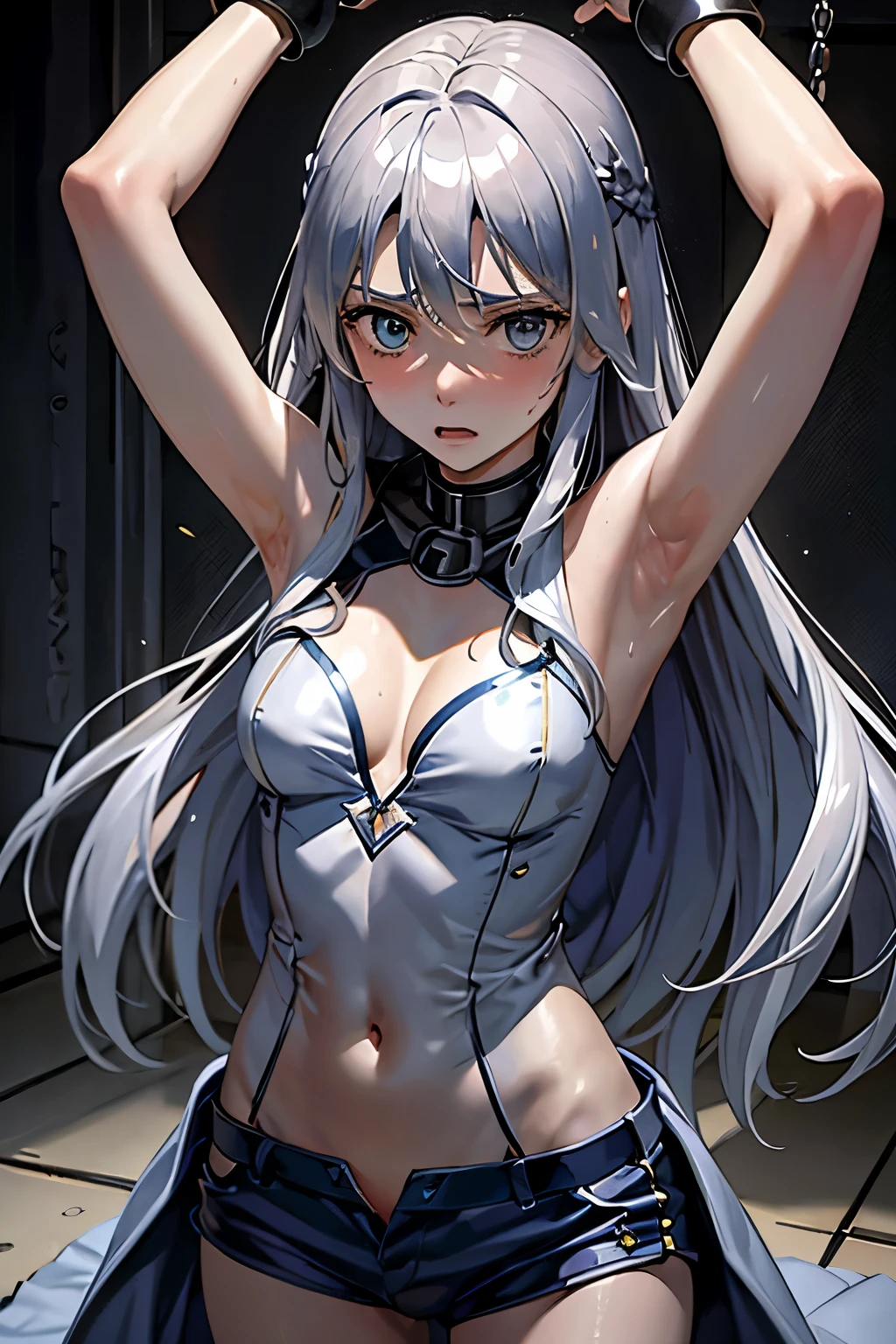 (((Highest quality、first class、masterpiece、Normal body、8k、Detailed face、Ultra-precision、normal hand、Normal refer to、5refer to、Highest)))、Eternal Frail、Silver Hair、Long Hair、kid、clear、pure、A blue suit that reveals a cleavage、Navy blue shorts、"SD Gundam G Generation"、Shot down、Defeated、Captured、Taken prisoner、Handcuffed、Detained、Chained by a collar、lock restraint、Jail、prison、Frightened、fear、blush、Interrogation、torture