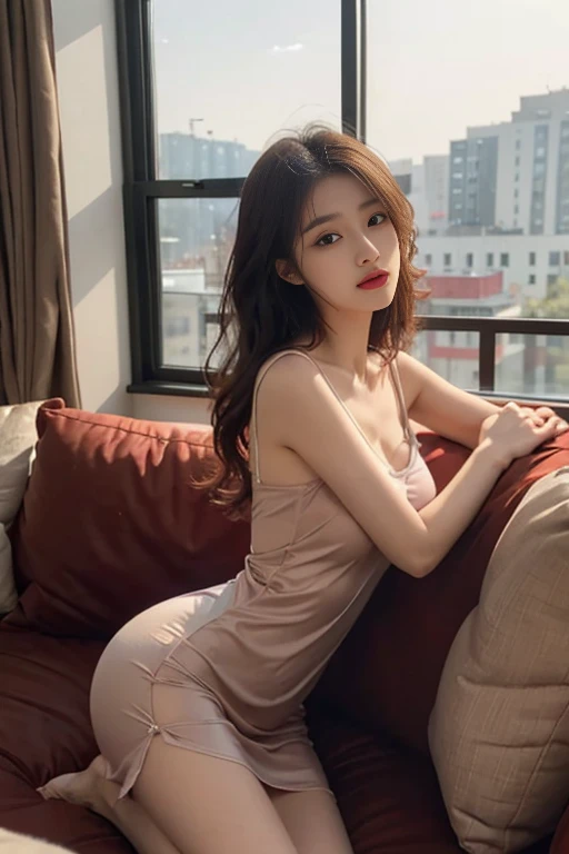 1 Girl,living room,Soft Light,Chinese Beauty,Tight Fit,Silk Nightdress,