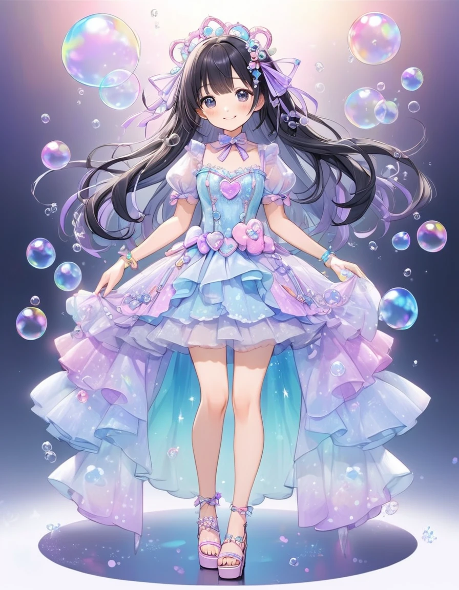 Girl, cute, adorable, full body, smiling, straight hair, long hair, black hair, standing,
(Bubble Dream Idol-inspired costume, featuring motifs of bubbles and ribbons, with a color palette of pastel blue and lavender), (costume includes a fitted top with a sweetheart neckline, adorned with iridescent bubble patterns and delicate ribbon detailing, short puff sleeves, creating a playful and whimsical look), (bubble dot pattern on dress:1.2), (skirt is a knee-length, flared design with layers of organza and tulle, creating a light and airy effect reminiscent of floating bubbles, hemline features lace trim and subtle shimmer), (Accessories include a bubble-themed hairpiece and pastel ribbon anklets, completing the dreamy and enchanting style), platform sandals,