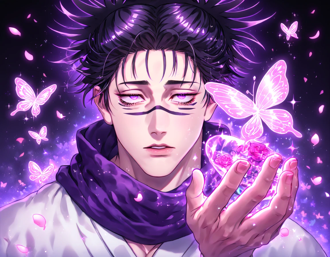 absurdres, highres, ultra detailed, HDR, master piece, Choso, black hair, expressive purple eyes, purple scarf, white clothes, Jujutsu Kaisen, fantasy, glittering pink butterflies, petals, magical, handsome, sexy man, solo, very detailed eyes and face, glittering, pink flowers, sensual, horny, crystal glass magic, pink shining fireflies, pink fire, manly man,