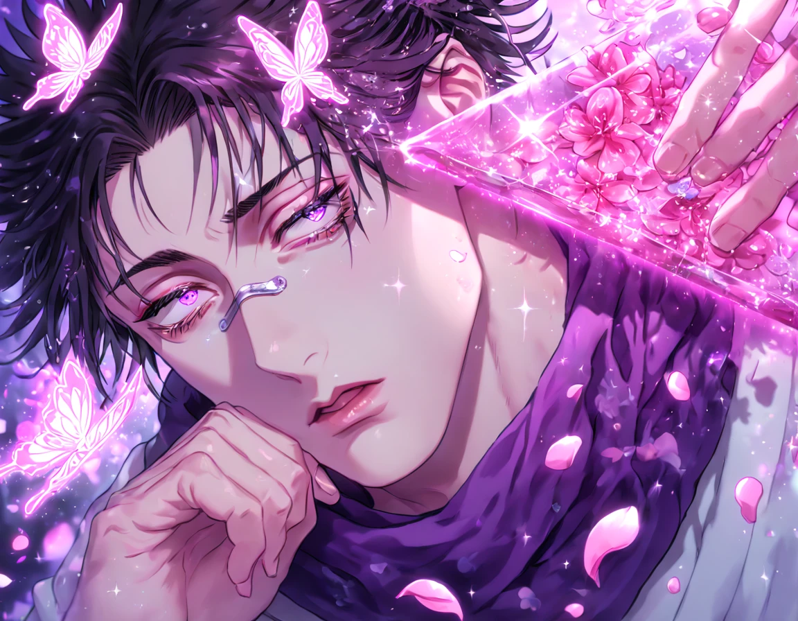 absurdres, highres, ultra detailed, HDR, master piece, Choso, black hair, expressive purple eyes, purple scarf, white clothes, Jujutsu Kaisen, fantasy, glittering pink butterflies, petals, magical, handsome, sexy man, solo, very detailed eyes and face, glittering, pink flowers, sensual, horny, crystal glass magic, pink shining fireflies, pink fire, manly man,