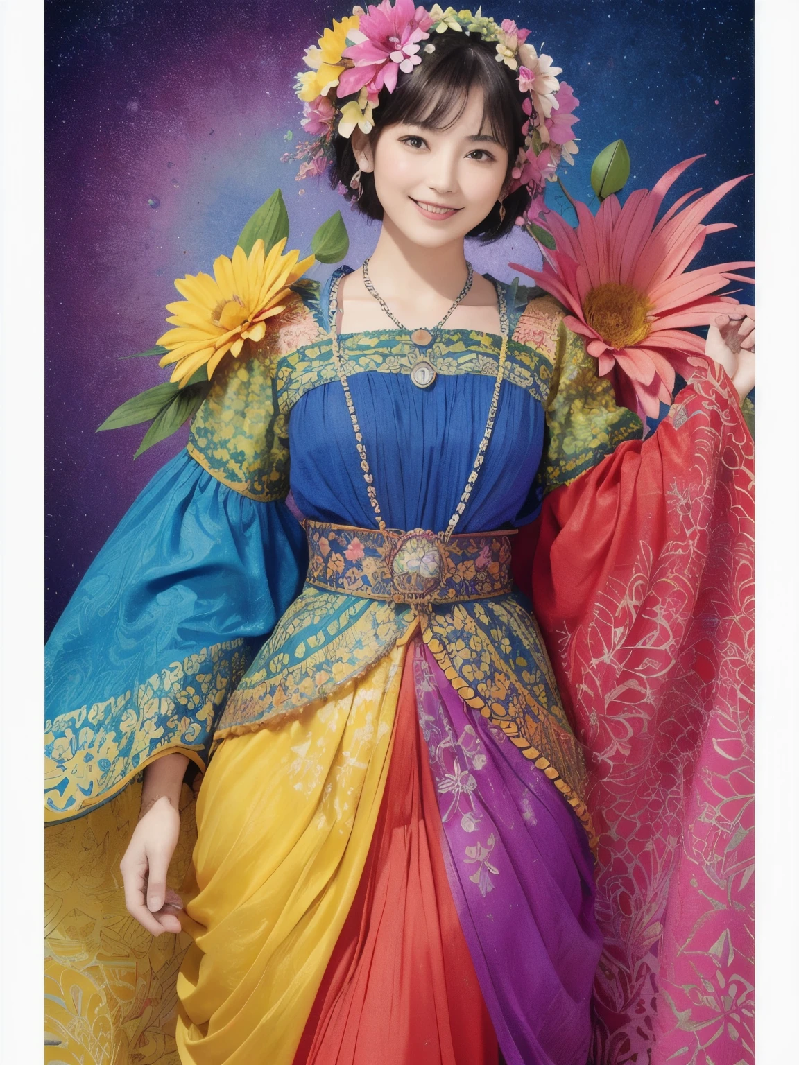 272 (20-year-old woman,short hair), (masterpiece, Highest quality, beautiful:1.2), Very detailed, (Fractal Art:1.1), (colorful:1.1), (flower:1.3), whole body, (Abstract background:1.3), (Many colors:1.4), (Old-fashioned smile), (Hawaii)