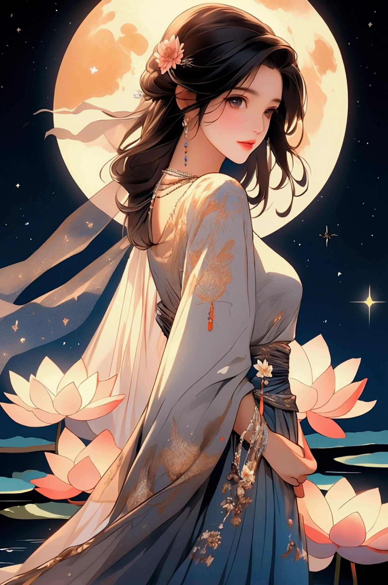 (masterpiece,Highest quality,,8k,High resolution),One female,,Beautiful Face,Beautiful Face,Beautiful eyes,Beautiful lips,Compassionate Mother Kannon,Black Hair,look back,,Wave,,Standing on the surface of the water,,flower,bird,,moon,,A bright night with stars visible,jewelry,Holding,Long sleeve,Veil,necklace,Lotus,Long Hair,dress,(whole body),Highly detailed CG,