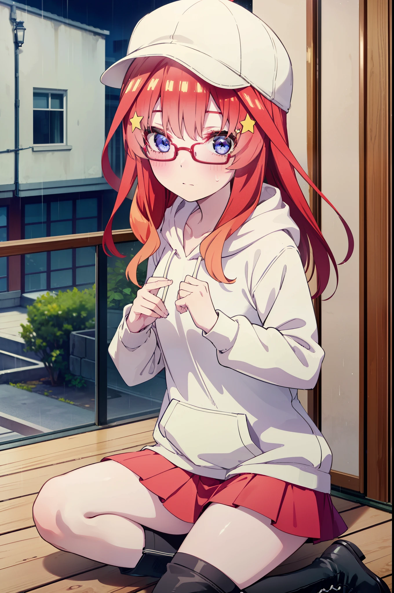 itsukinakano, Itsuki Nakano, bangs, blue eyes, Hair between the eyes, Ahoge, Redhead, star \(symbol\), hair ornaments, star hair ornaments,blush,Baseball hats,Black-rimmed glasses red oversized hoodie,mini skirt,White tights,short boots,Hiding in a building with a roof,Sitting on the stairs,night,rain,cloudy,whole bodyがイラストに入るように,
break indoors, Building district,
break looking at viewer, whole body,
break (masterpiece:1.2), Highest quality, High resolution, unity 8k wallpaper, (figure:0.8), (Beautiful attention to detail:1.6), Highly detailed face, Perfect lighting, Highly detailed CG, (Perfect hands, Perfect Anatomy),