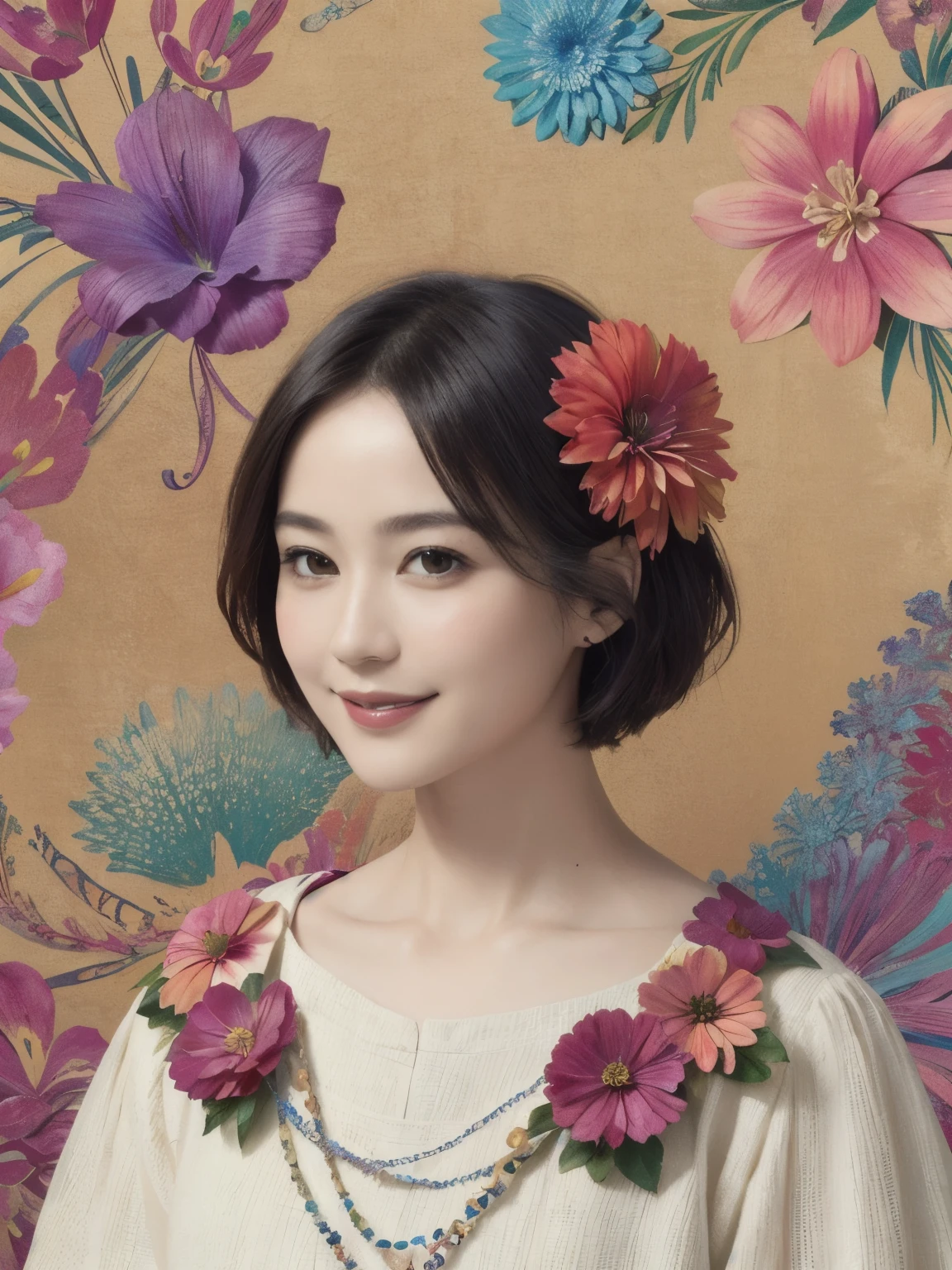 272 (20-year-old woman,short hair), (masterpiece, Highest quality, beautiful:1.2), Very detailed, (Fractal Art:1.1), (colorful:1.1), (flower:1.3), whole body, (Abstract background:1.3), (Many colors:1.4), (Old-fashioned smile), (Hawaii)