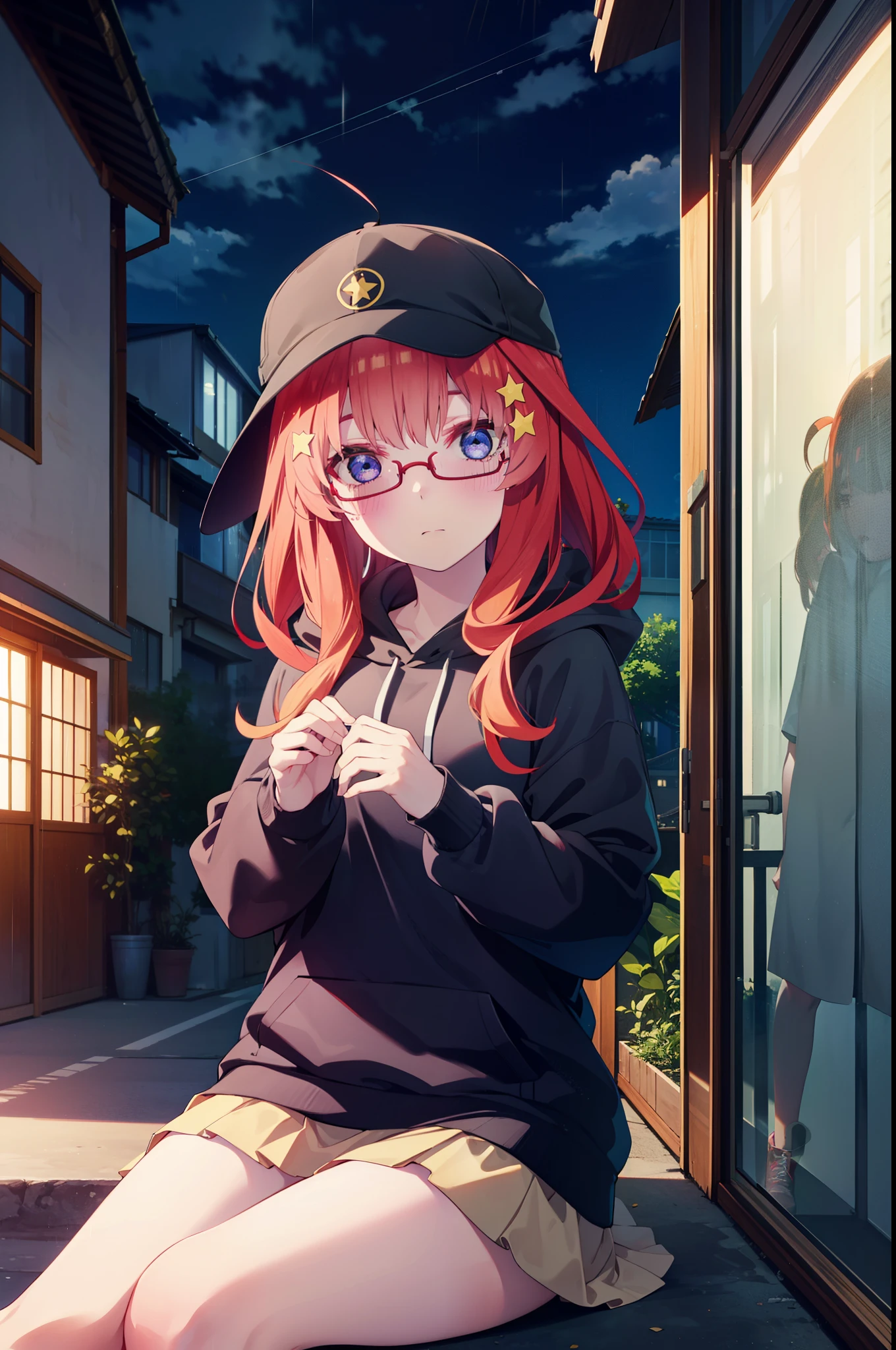 itsukinakano, Itsuki Nakano, bangs, blue eyes, Hair between the eyes, Ahoge, Redhead, star \(symbol\), hair ornaments, star hair ornaments,blush,Baseball hats,Black-rimmed glasses red oversized hoodie,mini skirt,White tights,short boots,Hiding in a building with a roof,Sitting on the stairs,night,rain,cloudy,whole bodyがイラストに入るように,
break indoors, Building district,
break looking at viewer, whole body,
break (masterpiece:1.2), Highest quality, High resolution, unity 8k wallpaper, (figure:0.8), (Beautiful attention to detail:1.6), Highly detailed face, Perfect lighting, Highly detailed CG, (Perfect hands, Perfect ???????),