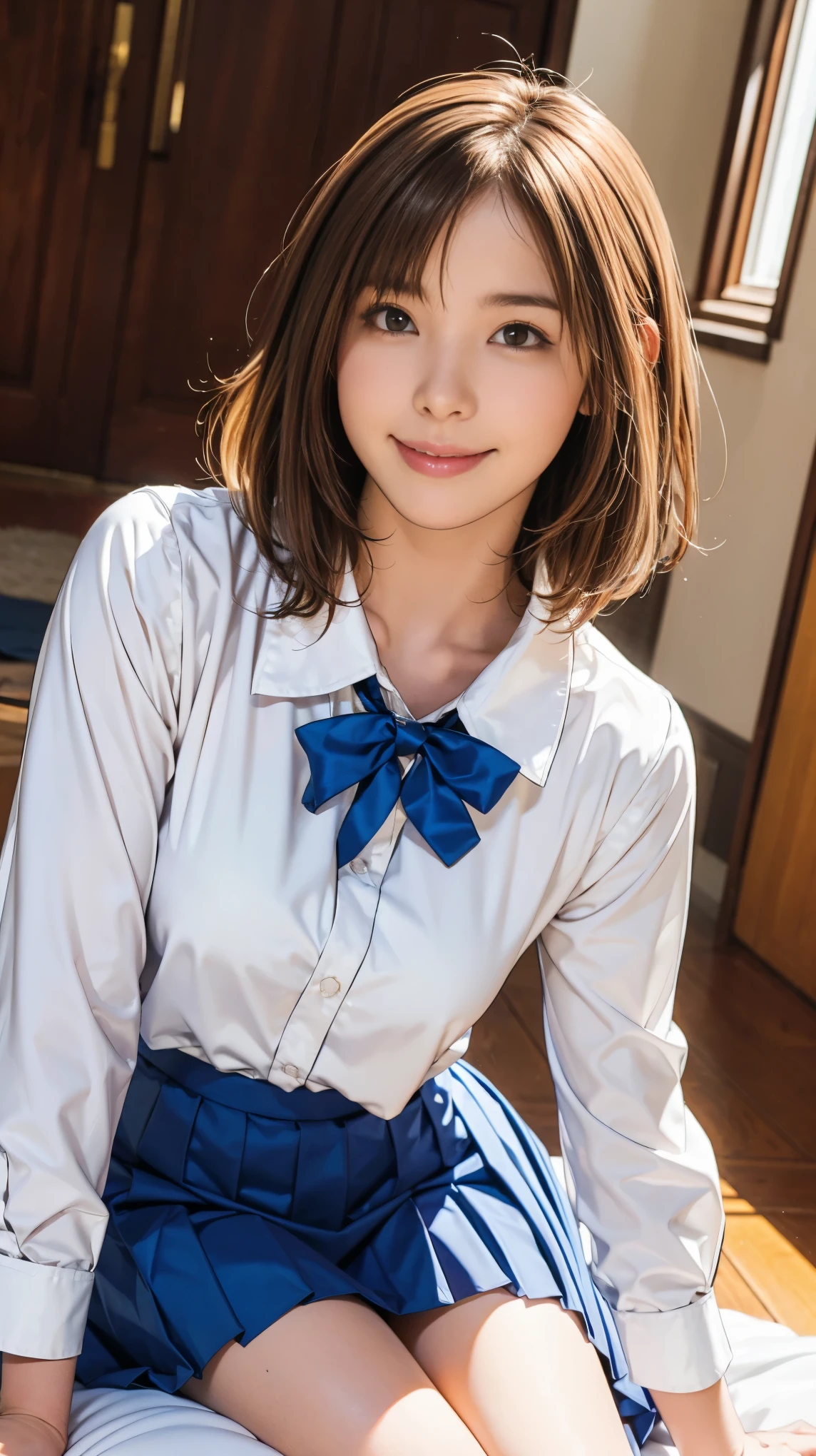 (8K, RAW photo, best quality, masterpiece: 1.2), (realistic, photorealistic: 1.37), ultra high definition, one girl, cute, solo, beautiful sky, sitting, dating, (blusher), (smile: 1.1), (photorealistic: 1.6), (masterpiece: 1.3), (highest quality: 1.4), high resolution, HDR, 8K resolution, check commentary, ( Complex details: 1.6), (volume light),
1 girl, 25 years old, smile, full body, standing pose, classroom, (see-through white school shirt with buttons: 1.6), (shirt with collar: 1.1), bow tie, pleated skirt, (short hair: 1.2), (chest visible: 1.6), (plaid skirt: 1.6), (huge breasts), spilling breasts, round breasts, cleavage, (((button gap))), brown hair, Floating hair, ((braided hair))