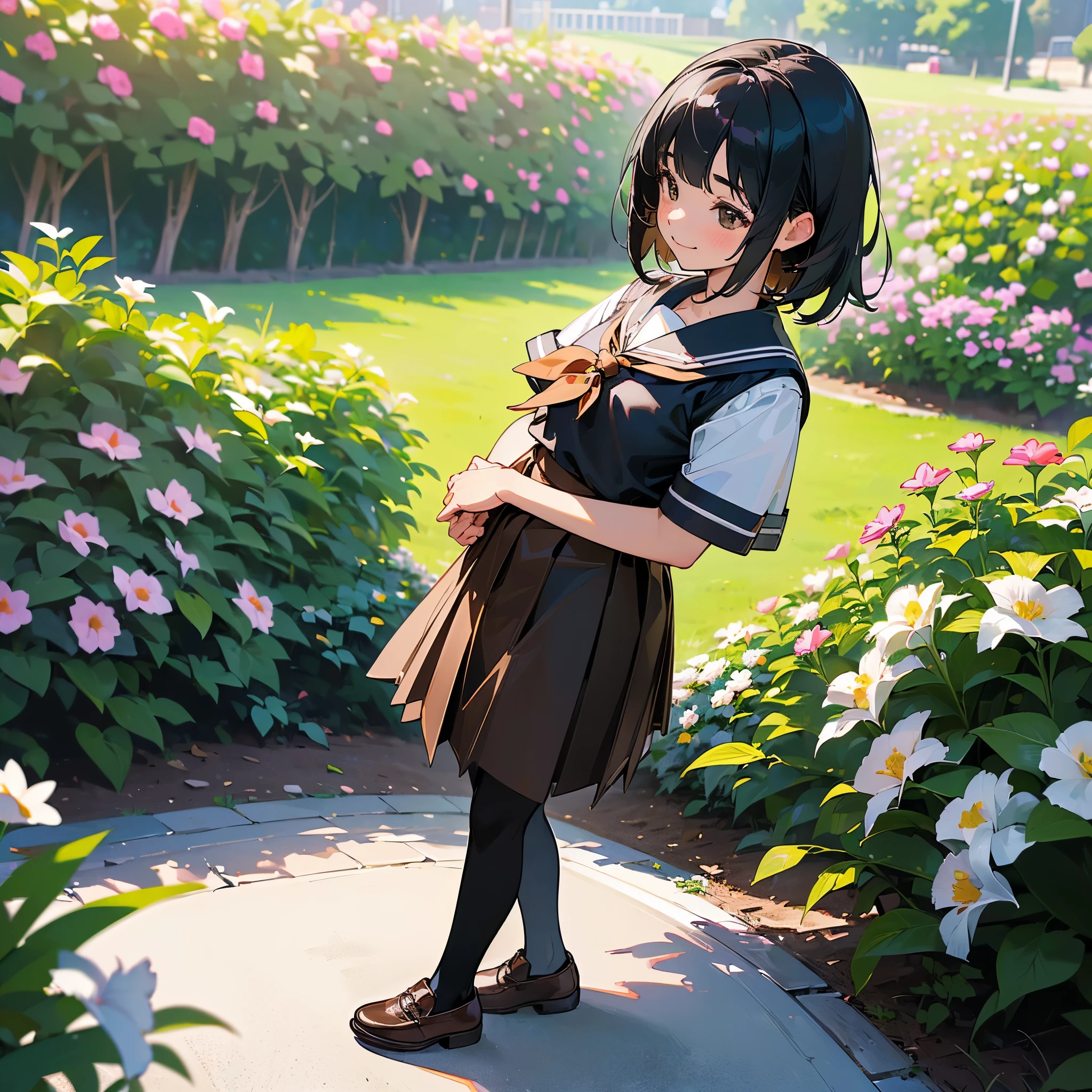 (Highest quality, High resolution, Very detailed, Realistic:1.37), Peaceful atmosphere, (Outdoor, garden), age girl standing alone, Beautiful and detailed features, Cute Smile, ((Black bob hair)),Short-sleeved sailor uniform, Pleated skirt,Black tights,Brown leather shoes.