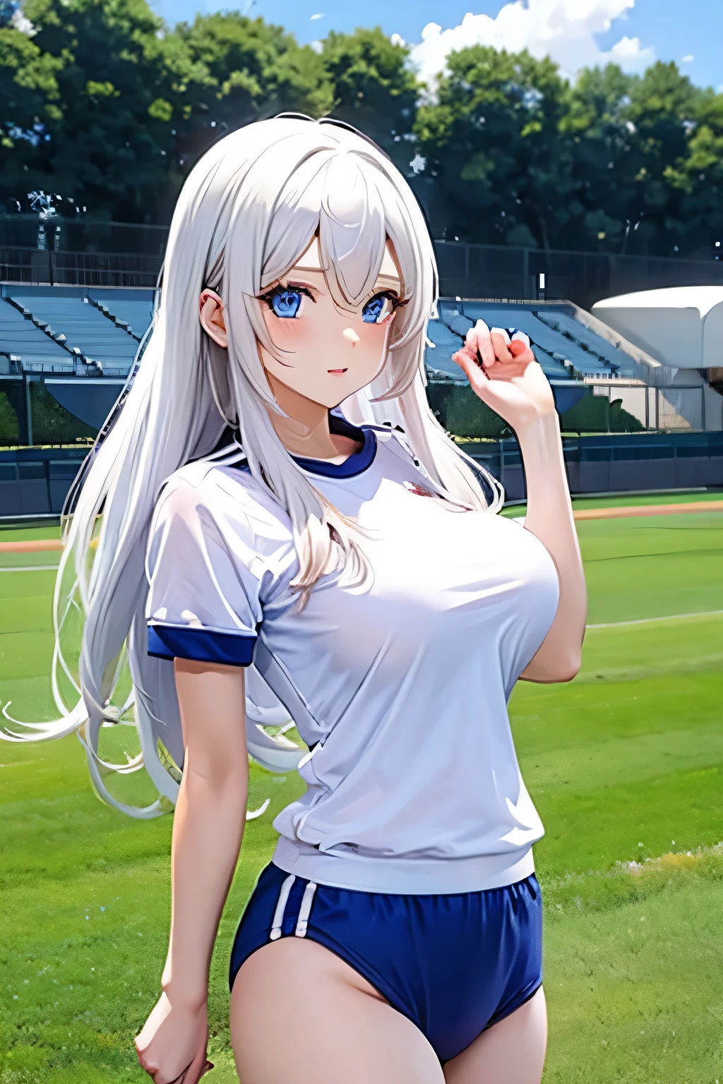 woman、Bloomers、White Hair、Long Hair、Blue eyes、Big Breasts、sexy、The background is a sports field.