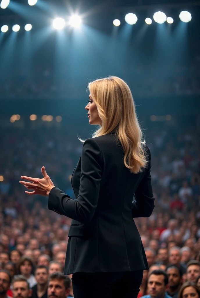 blond woman in a business attire, on stage, speaking to a full stadium of people, inspiring them, live photography, girl boss, 2 0 1 2, 2012, 2 0 1 1, 2011, beth cavener, performing on stage, rectangle, photography, bottom angle