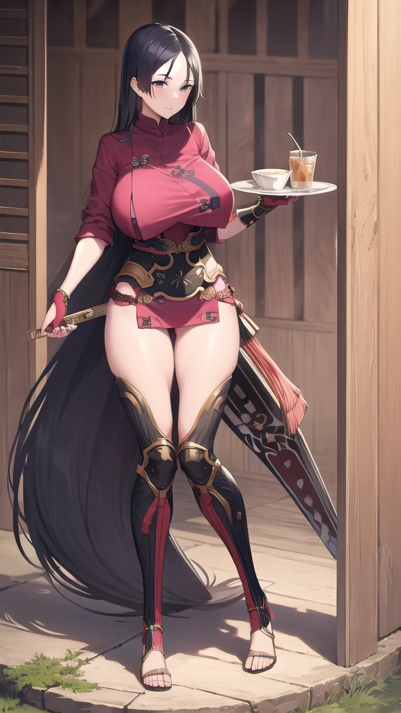 Beautiful girl with long black straight hair and big breasts，tights，slim figure，tall，armor，Thin legs，Straw sandals，Samurai sword