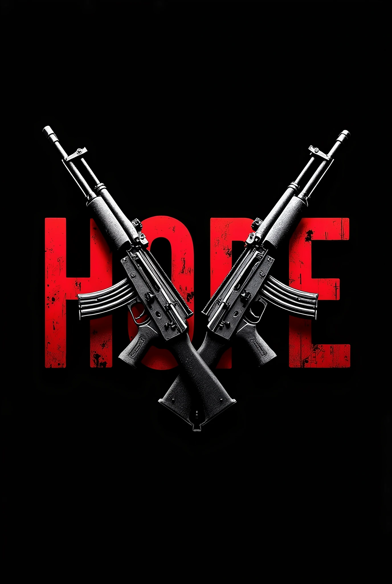 “Create a logo with the name ‘Hope’ in large, distressed red letters. Behind the text, place two AK-47s, but in such a way that the weapons are completely behind the letters, serving as a backdrop without overlapping or covering the text. The main colors should be red and black, with dark accents on the weapons to maintain a strong, striking contrast.”