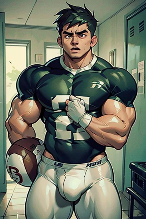 Danny Phantom, ghost, hypnosis, jock, conversion, locker room hallway, hyper muscles, jockstrap, bro, meathead, hypnotized, brainwashed, brainwashing, big dumb jock, football. Danny Fenton is hypnotized by Dash to assimilate and become another dumb cocky smirking fitness-obsessed bodybuilder football jock bro. Glowing green eyes. Hyper crotch bulge. Massive bulging crotch. Big balls. Big biceps. Big triceps. Big traps. Broad shoulders. Big meaty pecs. Big thighs. Thick glutes. Football team assimilation. Black hair. Deep dull voice. glazed expression. dumber and dumber. Open mouth. Clothes turning into a football uniform. Forgetting. Number 16 on his football uniform. IQ drain. Mindless. Brainless. Brute. Brutification. "I feel like I ... I ... I'm a ... I'm a .... Yes, ... just a meathead jock.... just muscle ... and meat.... Bro.... I am a meathead.... I am a bro.... I am a jock.... I am a meathead.... I am a bro.... I am a jock.... Anything you say, Dash.... Obey ... the QB.... I am a jock. I am a meathead.... I obey...."