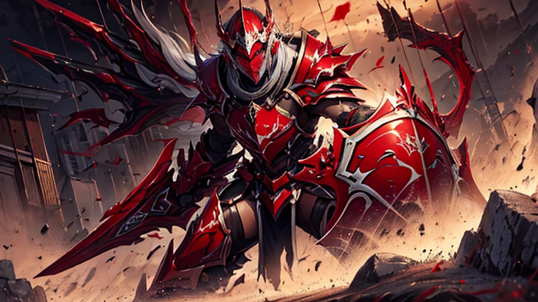(最high quality, High resolution,high quality, Attention to detail, Highly detailed CG unification,More than one person,Confronting), Blood Knight,Helm that covers the face,blood Red Armor, Red Devil's Armor, Red Armor, Death Demon Knight, Red Armorを着た騎士,Grim Dark Paladin, Gothic Knight,Holding a large shield,battlefield,evening,
