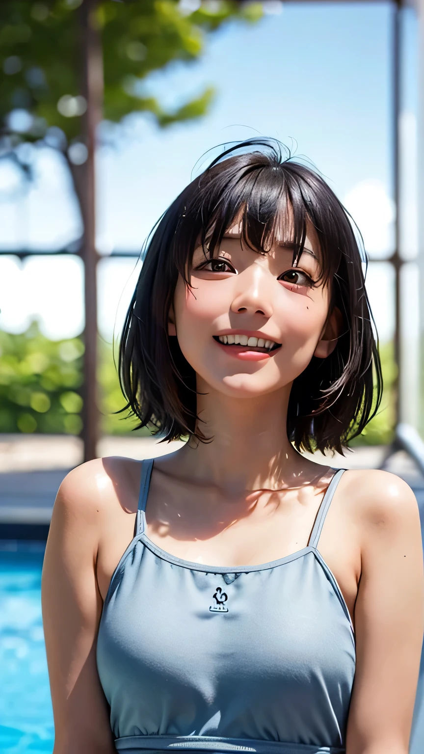 Highest quality、Realistic、、zoom、Primary school students、Girl、look up、cute、Light grey eyes、Black Hair、short hair、Tanned brown skin、Dark Skin、School Swimsuit、Navy blue swimsuit、Shy laugh、Flat Chest、Bust Shot、thin、Pool