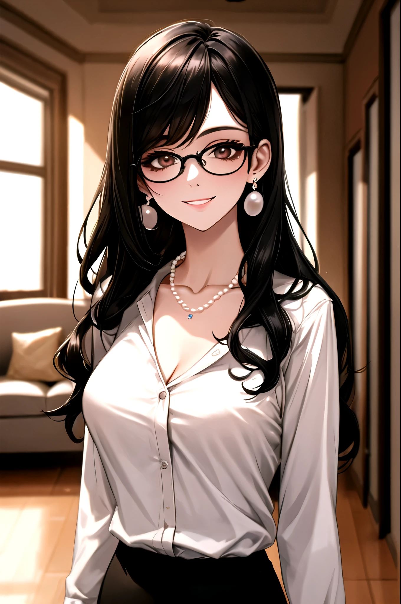 （（super high quality,Ultra-high resolution,4K,8k,super masterpiece,Ultra HD ,Detailed shading））,Top-down angle,Looking at the camera,The living room bathed in morning sunlight,Full body photo,A sexy mother is standing.,popped collar White shirts,Tight collar,Long sleeve,Show the hem,BLACK Pencil Mini Skirt,sexly,Straight black long hair,Sweep your bangs to the side,Glasses,smile,Pearl Earrings,Pearl Necklace,Engagement Rings,Clasp your hands in front of you,
