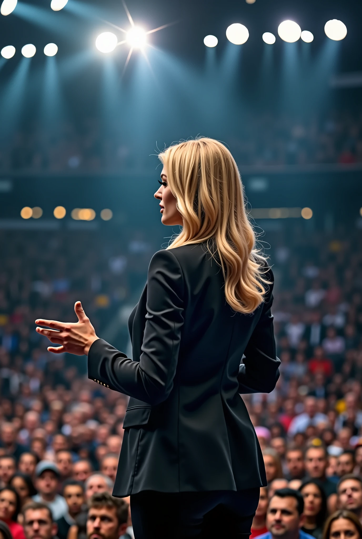 blond woman in a business attire, on stage, speaking to a full stadium of people, inspiring them, live photography, girl boss, 2 0 1 2, 2012, 2 0 1 1, 2011, beth cavener, performing on stage, rectangle, photography, bottom angle