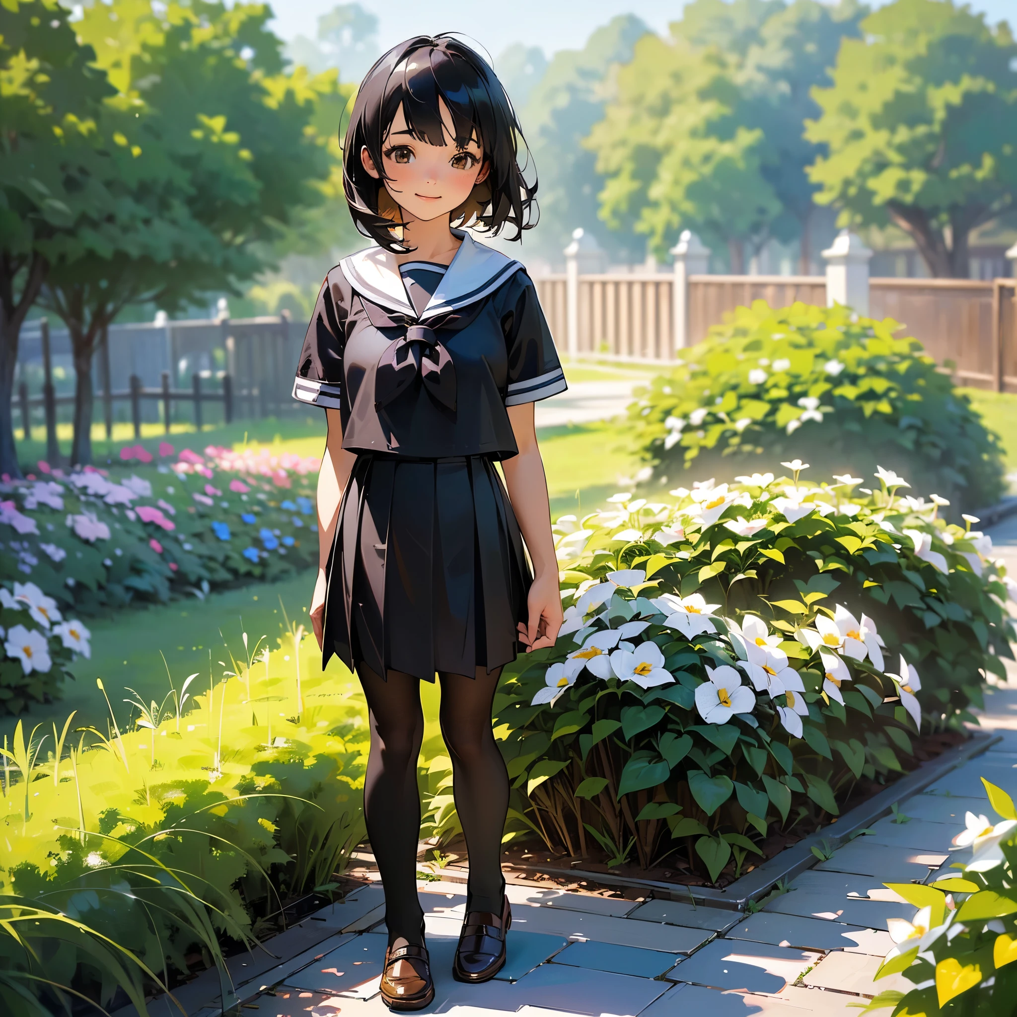 (Highest quality, High resolution, Very detailed, Realistic:1.37), Peaceful atmosphere, (Outdoor, garden), Teenage girl standing alone, Beautiful and detailed features, Cute Smile, ((Black bob hair)),Short-sleeved sailor uniform, Pleated skirt,Black tights,Brown leather shoes.