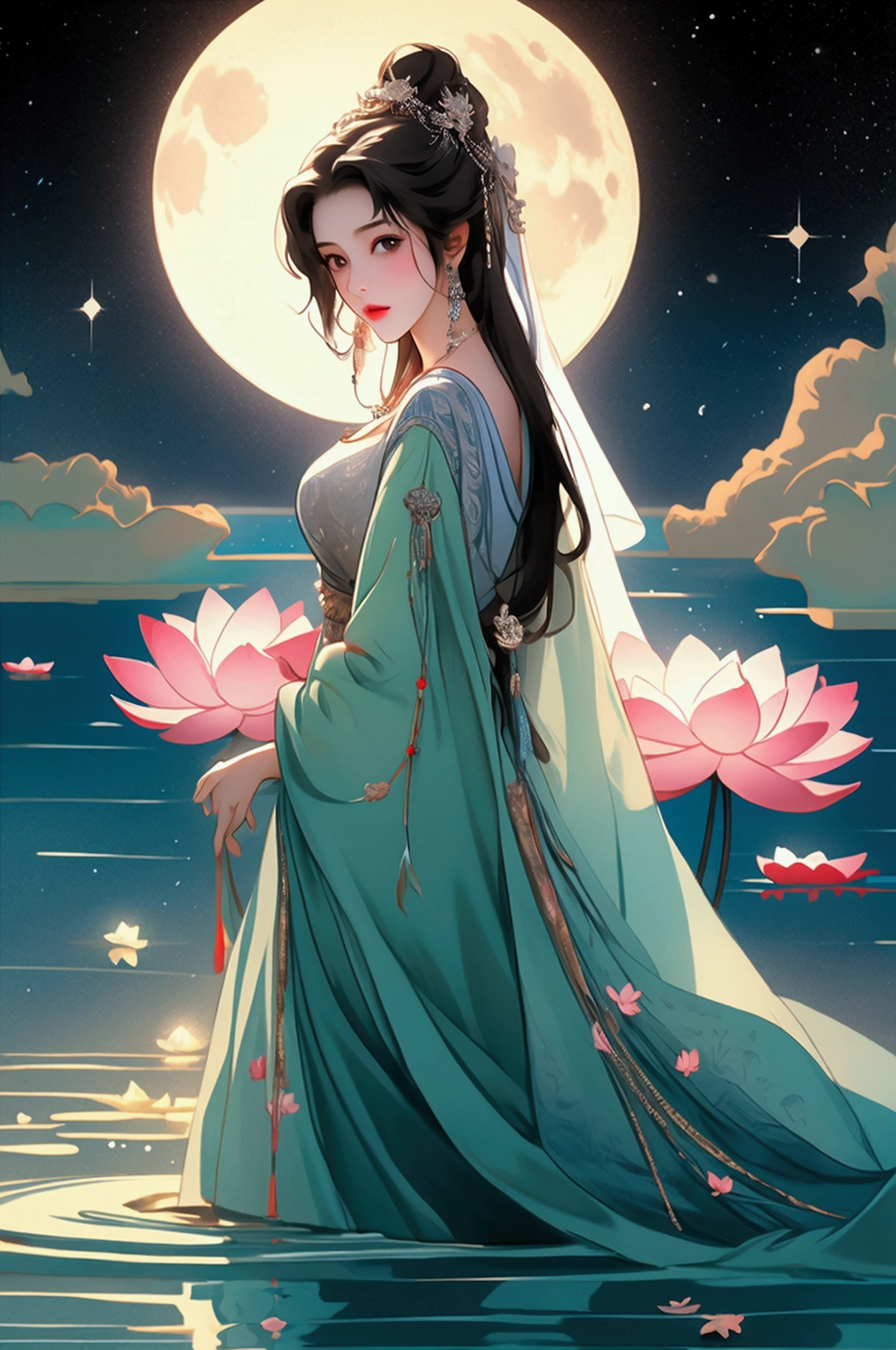 (masterpiece,Highest quality,,8k,High resolution),One female,,Beautiful Face,Beautiful Face,Beautiful eyes,Beautiful lips,Compassionate Mother Kannon,Black Hair,look back,,Wave,,Standing on the surface of the water,,flower,bird,,moon,,A bright night with stars visible,jewelry,Holding,Long sleeve,Veil,necklace,Lotus,Long Hair,dress,(whole body),Highly detailed CG,