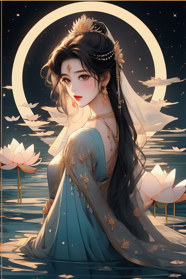 (masterpiece,Highest quality,,8k,High resolution),One female,,Beautiful Face,Beautiful Face,Beautiful eyes,Beautiful lips,Compassionate Mother Kannon,Black Hair,look back,,Wave,,Standing on the surface of the water,,flower,bird,,moon,,A bright night with stars visible,jewelry,Holding,Long sleeve,Veil,necklace,Lotus,Long Hair,dress,(whole body),Highly detailed CG,