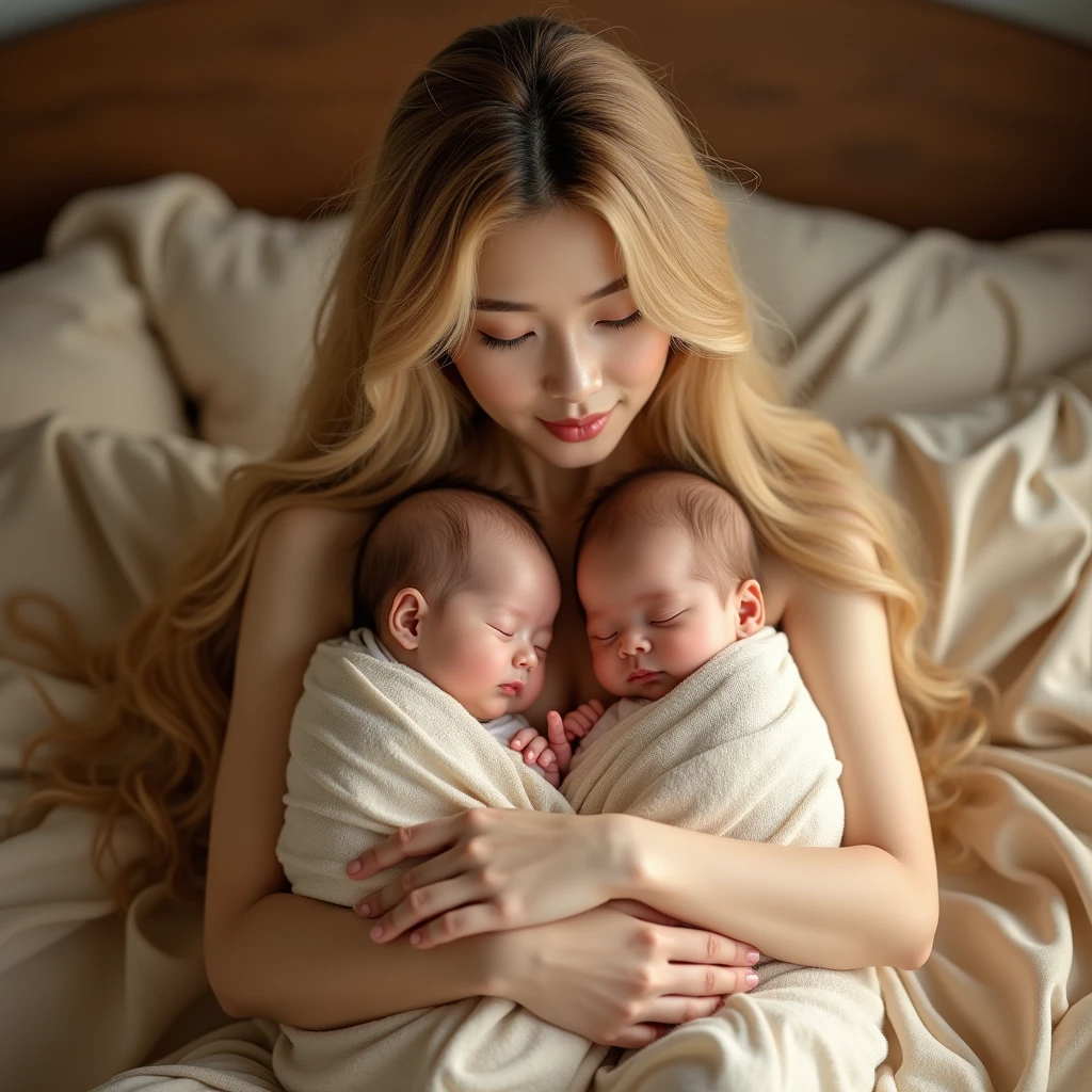 A Korean woman, ethereal, aesthetic, Korean idol with two babies, blonde, sitting on a bed with her babies in her arms, high quality, beautiful babies, beautiful, two newborn babies, sleeping, exquisite, masterpiece, ultra quality, gidle yuqui, twins, blonde hair, hyperrealistic, song yuqui, douyin, hd effect, delicate position, beautiful details, rich in color and texture, idol, Asian features