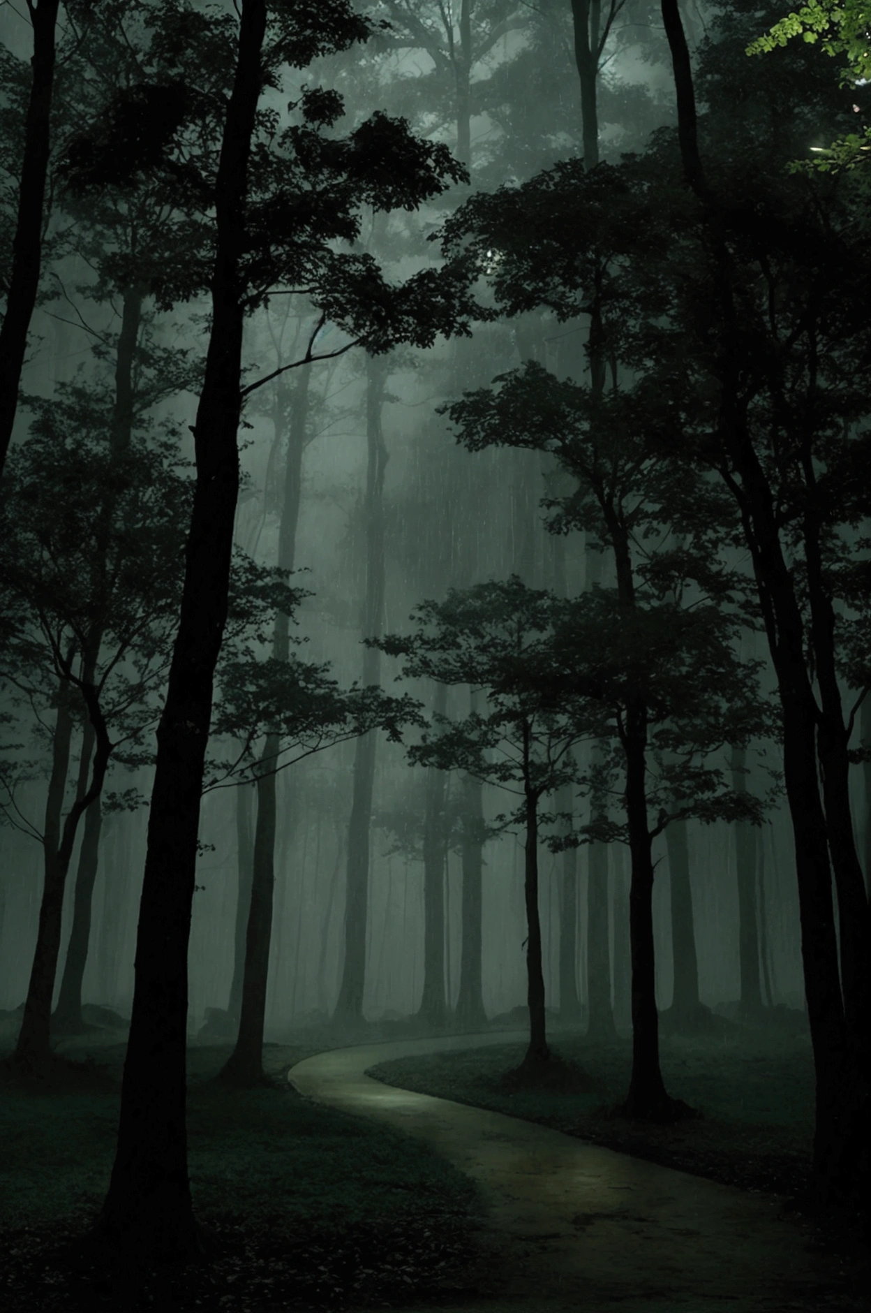 the atmosphere at night in the middle of a beautiful forest with drizzling rain