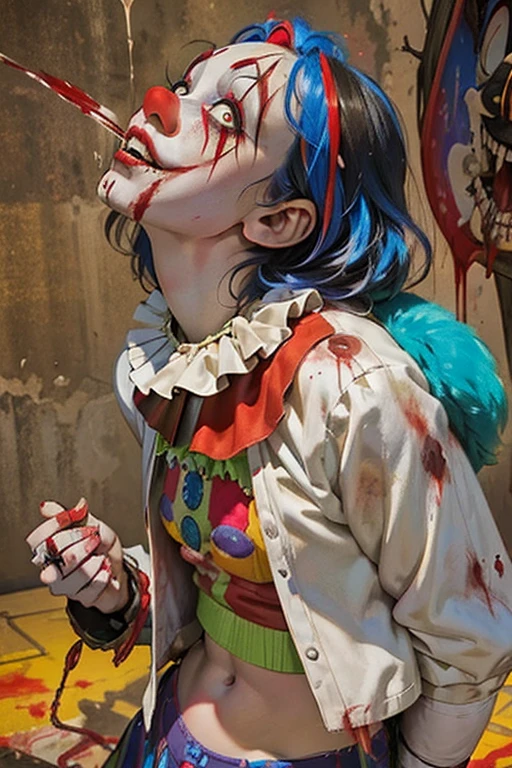 (Midnight Amusement Park),((Horror taste))、A clown looking up at the sky alone.、Sad expression、、Holding a blood-stained rifle、A colorful world with very revealing, open clothing 、Underwear is visible
