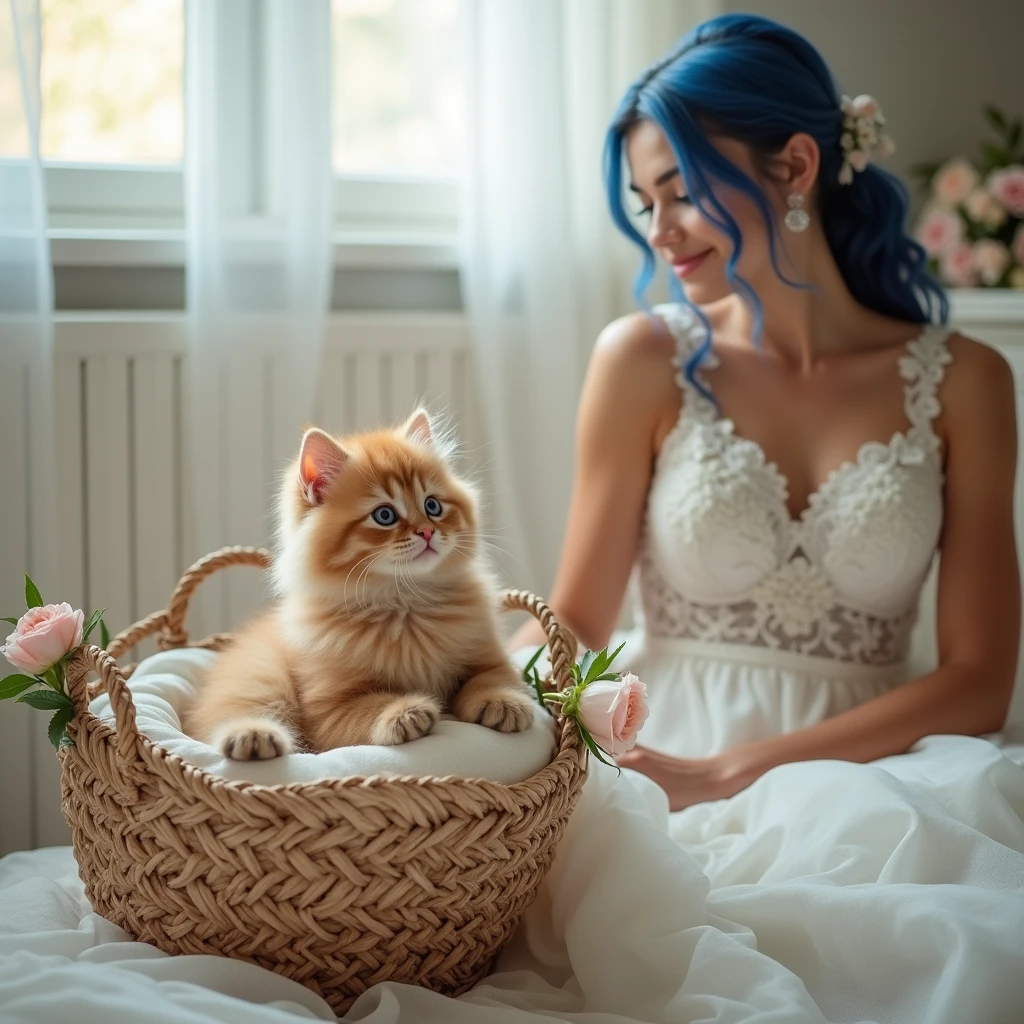 A caramel Persian kitten with bright blue eyes in a beautiful basket by a beautiful girl the bride blue hair