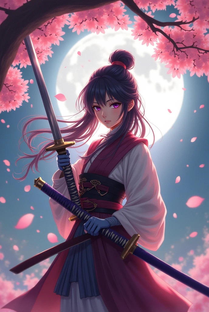 Girl, anime, samurai, japan settling, sakura tree, moonlight, katana in hands, prepared to fight, serious face