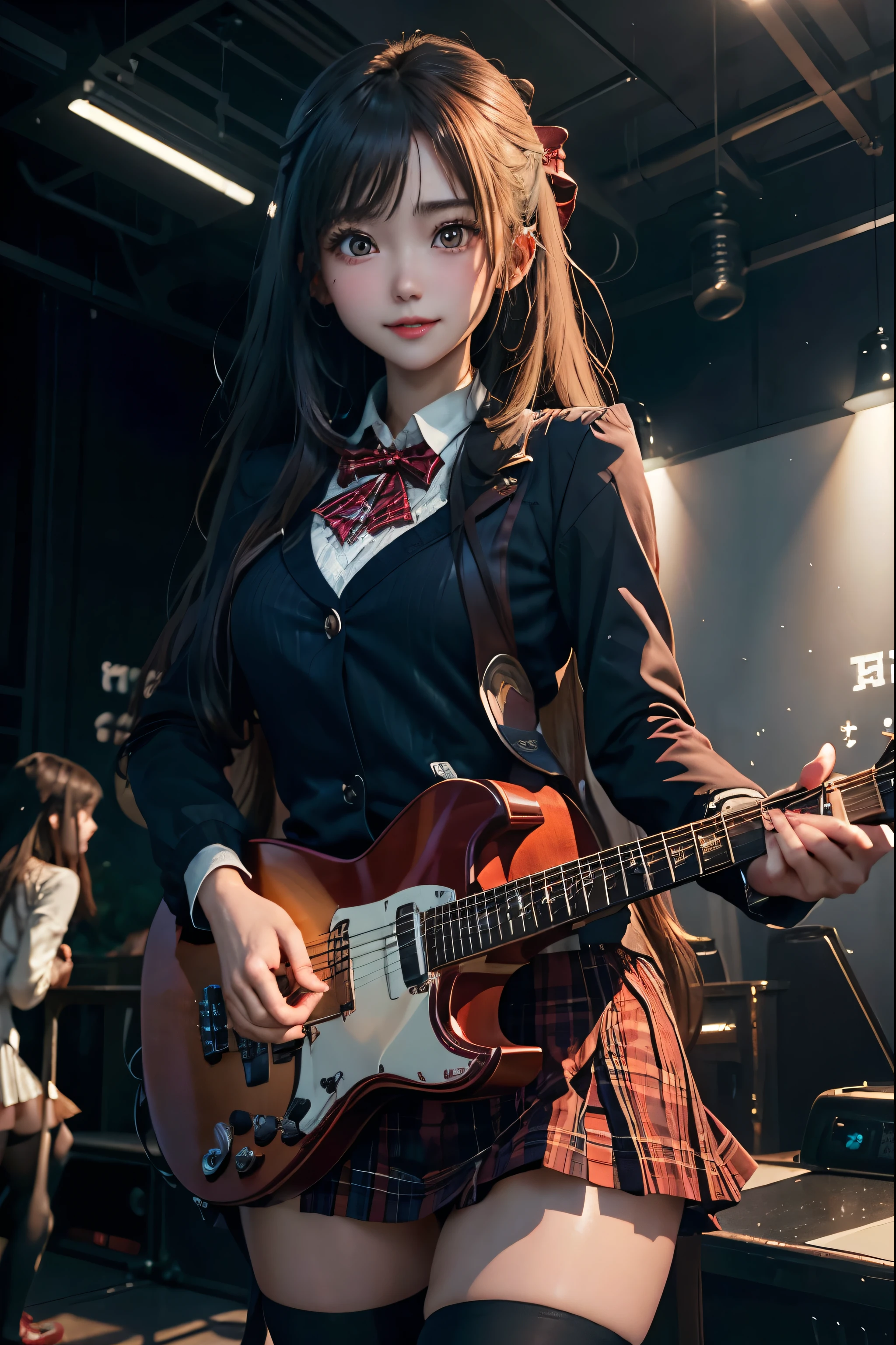 High school girl blazer、uniform、Red checked knee-length skirt、Long skirt、JK Style、Jacket、smile、Knee-high socks、Thigh-high socks、pantyhose、Extremely beautiful、Super cute、ennui、Rare Beauty、Dark black eyeshadow、sad、Skin radiance、Long Hair Straight Hair、Dark Gothic Makeup、Dark Smile、Fragrant beauty、Stained glass background、masterpiece、Highest quality、See 5 books、Sweat glistening on my chest、Sweat glistening on the face、Small breasts、22 years old、Slightly slim、Mysterious look、Sad look、Mysterious Gothic Church、enchanting castle、Excessive sweating all over the body、Sweat dripping down thighs, shining in the light、Shiny thighs、Thighs、Sweat on thighs, shining brightly、sweat profusely、gal、Small breasts、Japanese face、Captivating look、Thin Thighs、play the guitar、I have a guitar、Enthusiastic singing、play the guitar in a band、Playing guitar chords、Background of the live music venue、Sing a song、Open your mouth、Scenery of a live music venue、Mike stand、Glamorous live stage、Dynamic Angles、Vivid straight long hair、delicate straight hair、