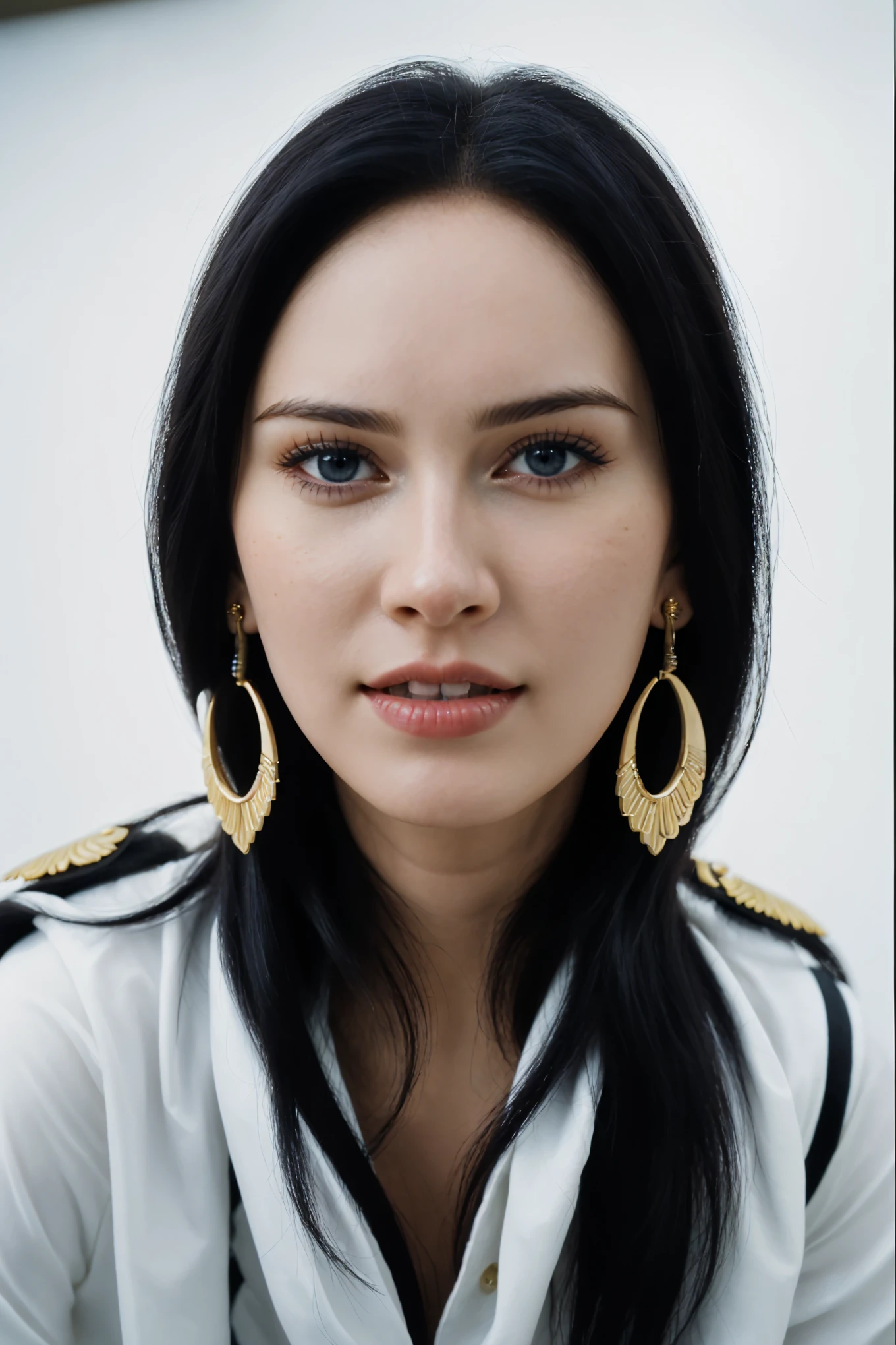 ultra realistic 8k cg, (dark background, delicate pattern, intricate detail, highly detailed, fine details), best quality, (photorealistic:1.4),beautiful lighting, absurdres, RAW photo, film grain, ((medium breasts, slim girl, close-up, portrait)), NicoRobin, 1girl, solo, black hair, long hair, jewelry, (earrings, blue eyes), ((slim girl, medium breasts)), cleavage, smile, dress, cape, epaulettes, navel, midriff, blush, collarbone, (complex detailed background, blue sky, nature environment, close-up, portrait),stunning attractive figure, beautiful photo of sexy woman, looking seductively in front, black hair,ultra realistic 8K CG, masterpiece, ((white background, delicate pattern, intricate details)), (highly detailed, fine details), best quality, 1 girl, big breasts ), 18 years old, white skin, feminine, charming, hair back, perfect body, standing on the floor,natural ilumination, too white skin, (close-up, editorial photograph of a 18 year old woman), (highly detailed face:1.4) (smile:0.7) (background inside white, moody, private study:1.3) POV, by lee jeffries, nikon d850, film stock photograph ,4 kodak portra 400 ,camera f1.6 lens ,rich colors, hyper realistic ,lifelike texture, natural lighting , cinestill 800, hair back, sun glasses above the head, natural makeup , too white skin, nico robin, lovely, femenine, happy,absurdres, highres, ultra detailed, (ung beautiful girl, solo:1.1),breasts, boa hancock,black hair, cape, earrings, jewelry, midriff, large breasts, cleavage, navel, long hair, blue eyes,groin,epaulettes,torii, cherry_blossoms,