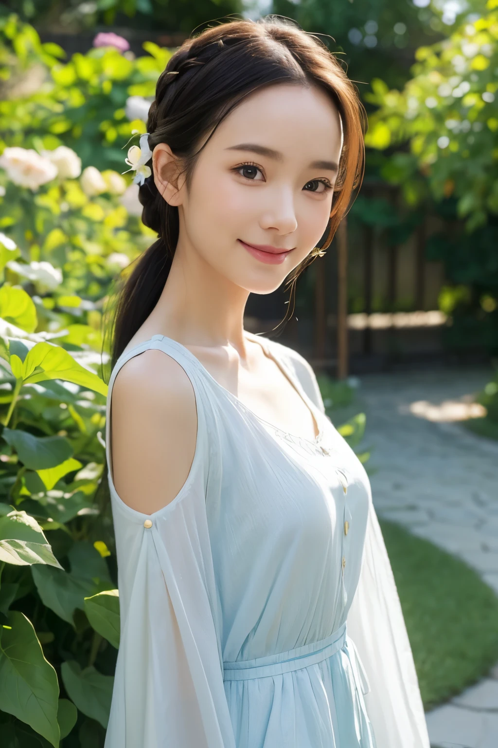 Photorealistic、Little(smile、hairpin、A hairstyle that reveals a large forehead、A hairstyle parted in the middle、No sleeve)、Taking a walk through a garden where morning glories are blooming.、Morning Dew