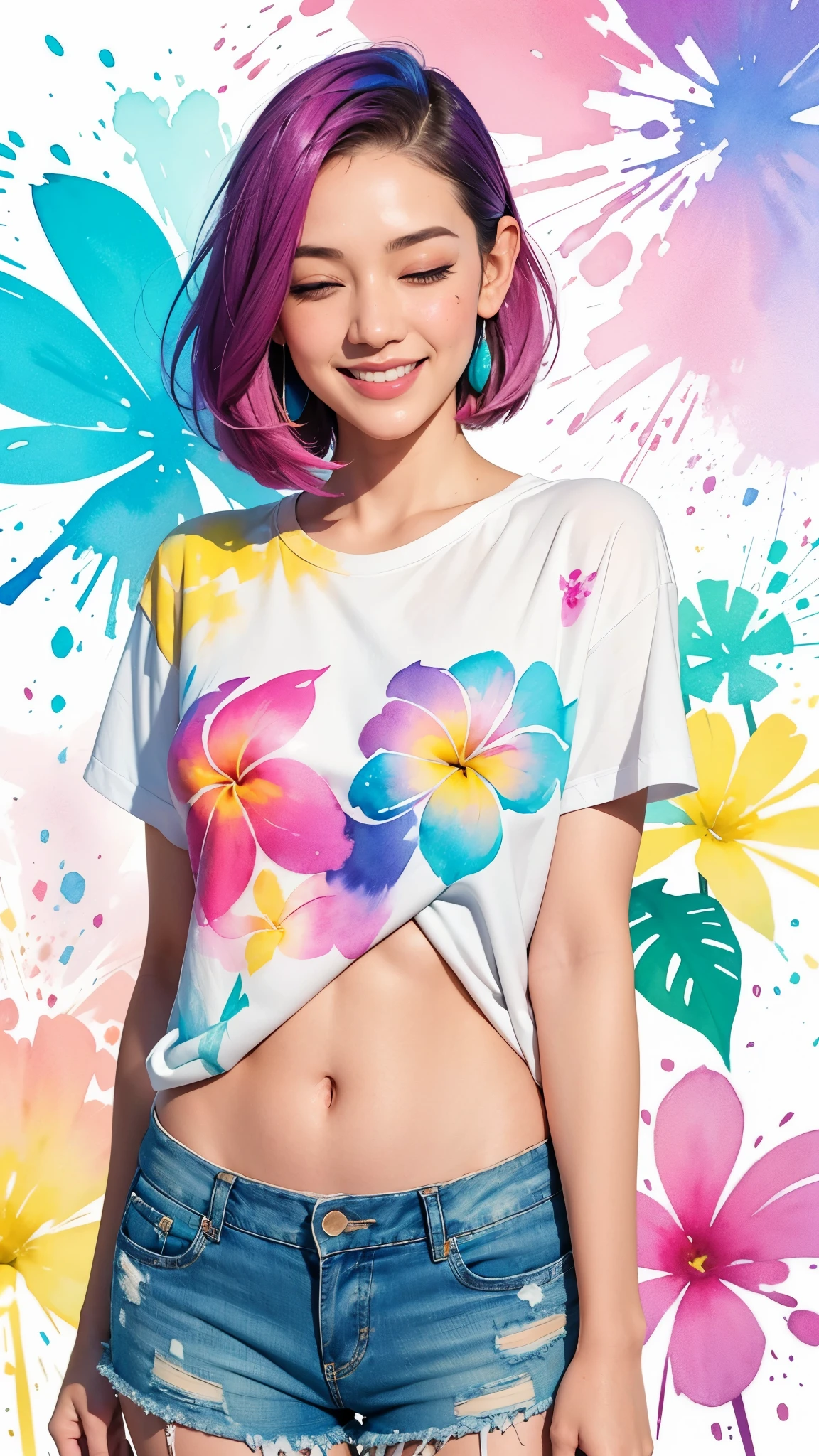 a Plumeria painting with a splatter background and spray paint effect, by Adam hughes, plumeria flower design t-shirt and jean shorts, upper body centered, multi-color hair, 1 eye closed, big happy smile, watercolor art,  watercolor painting, watercolor painting style, watercolor detailed art, watercolor digital painting, watercolor paint, masterfully detailed watercolor, watercolor art