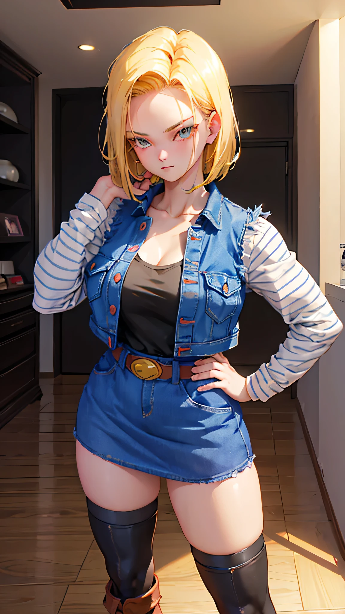 dragonball z、1girl, Tall、evil grin, ((Artificial Human Room No. 18)), ((Denim vests))、Open Vest、A black long-sleeved cropped T-shirt with striped sleeves.、The shape of the chest is clearly visible、breasts, Cleavage、(thighs), brown belt、((Denim mini skirt))、((black lace panties))、Forehead、 Medium Bob、blonde、Slender, Thighs、(martial arts tournament)、footjob, (she is standing and footjob), 黒いパンスト、Brown short boots、foot on penis, 1boy, penis, eject cum,