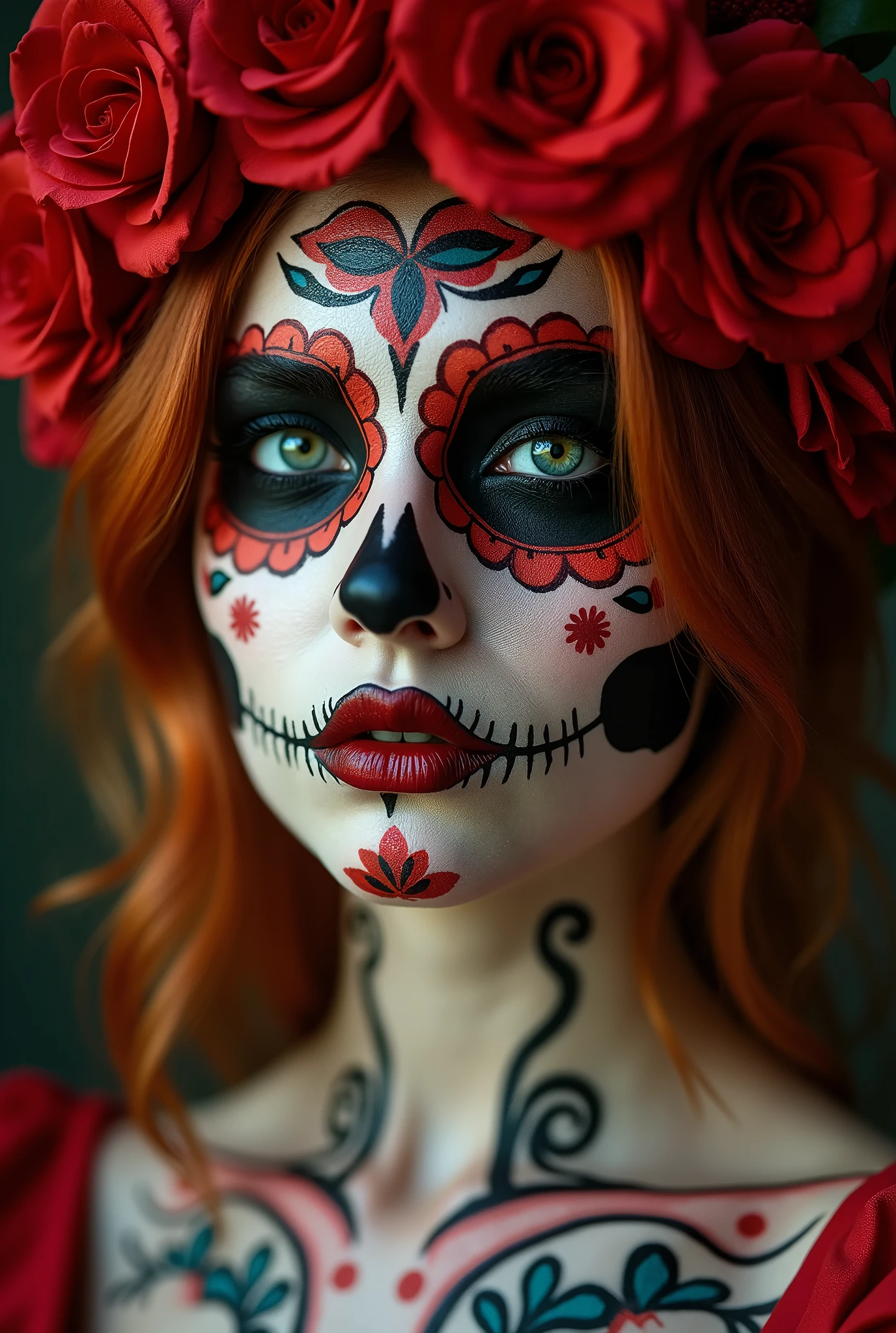 close-up photo of the face ,beautiful redhead with mexican skull painted face, new, skin fair