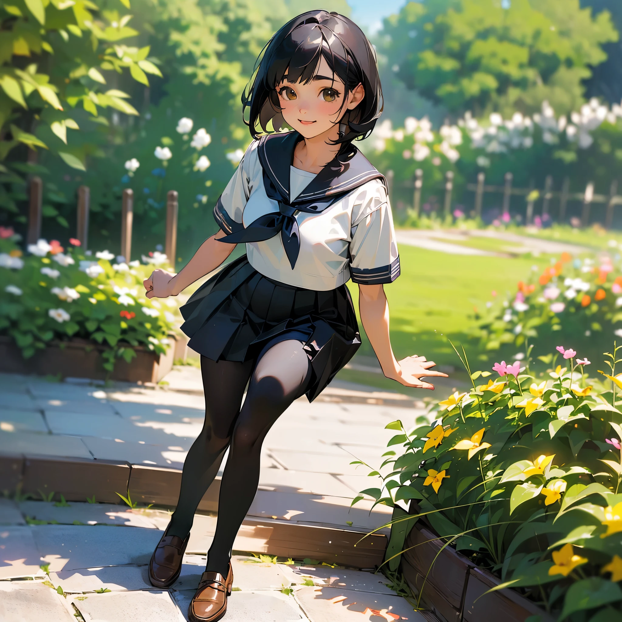 (Highest quality, High resolution, Very detailed, Realistic:1.37), Peaceful atmosphere, (Outdoor, garden), Teenage girl standing alone, Beautiful and detailed features, Cute Smile, ((Black bob hair)),Short-sleeved sailor uniform, Pleated skirt,Black tights,Brown leather shoes.