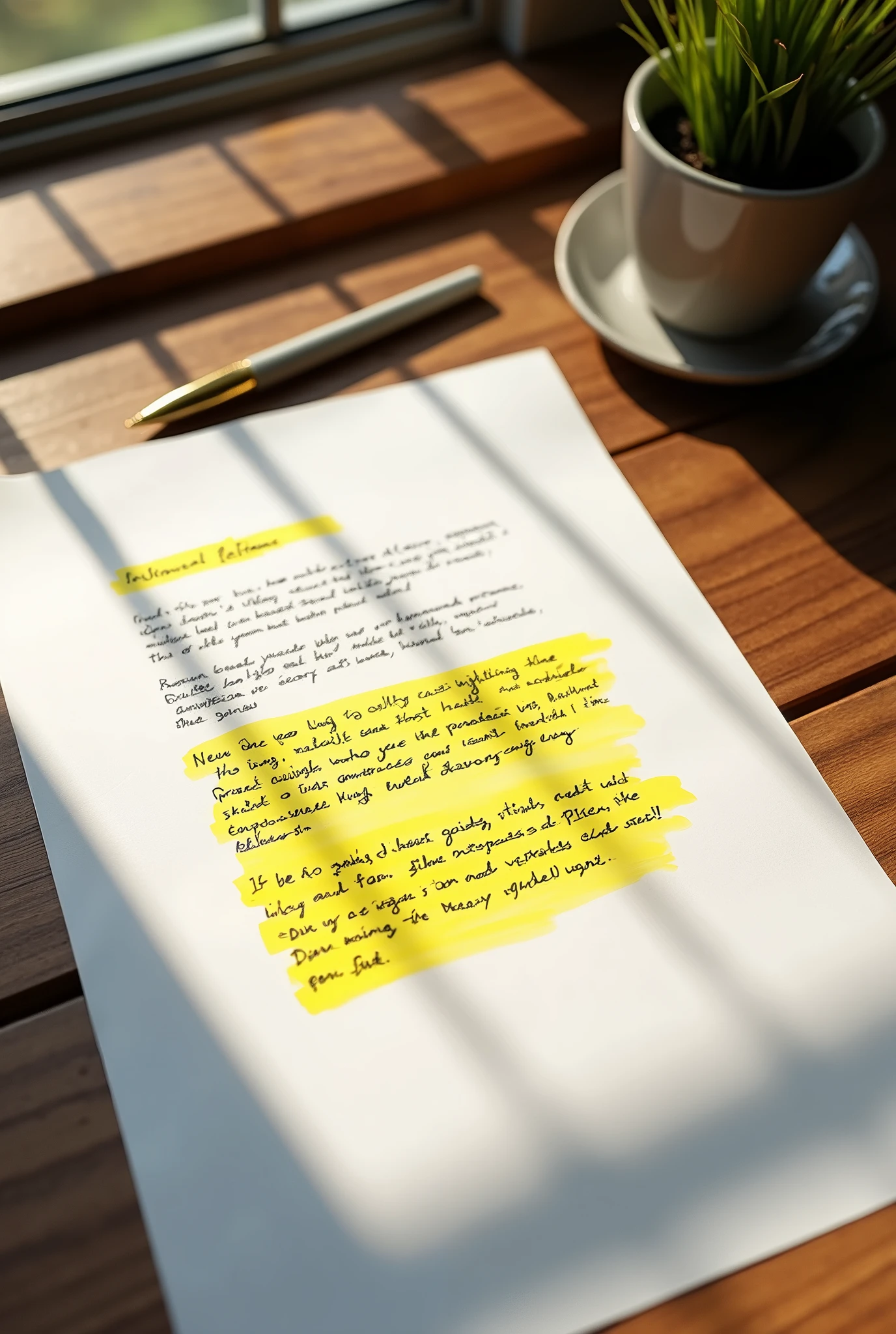 (photorealism:1.2), a sheet with writing and the title and paragraph must be highlighted in yellow