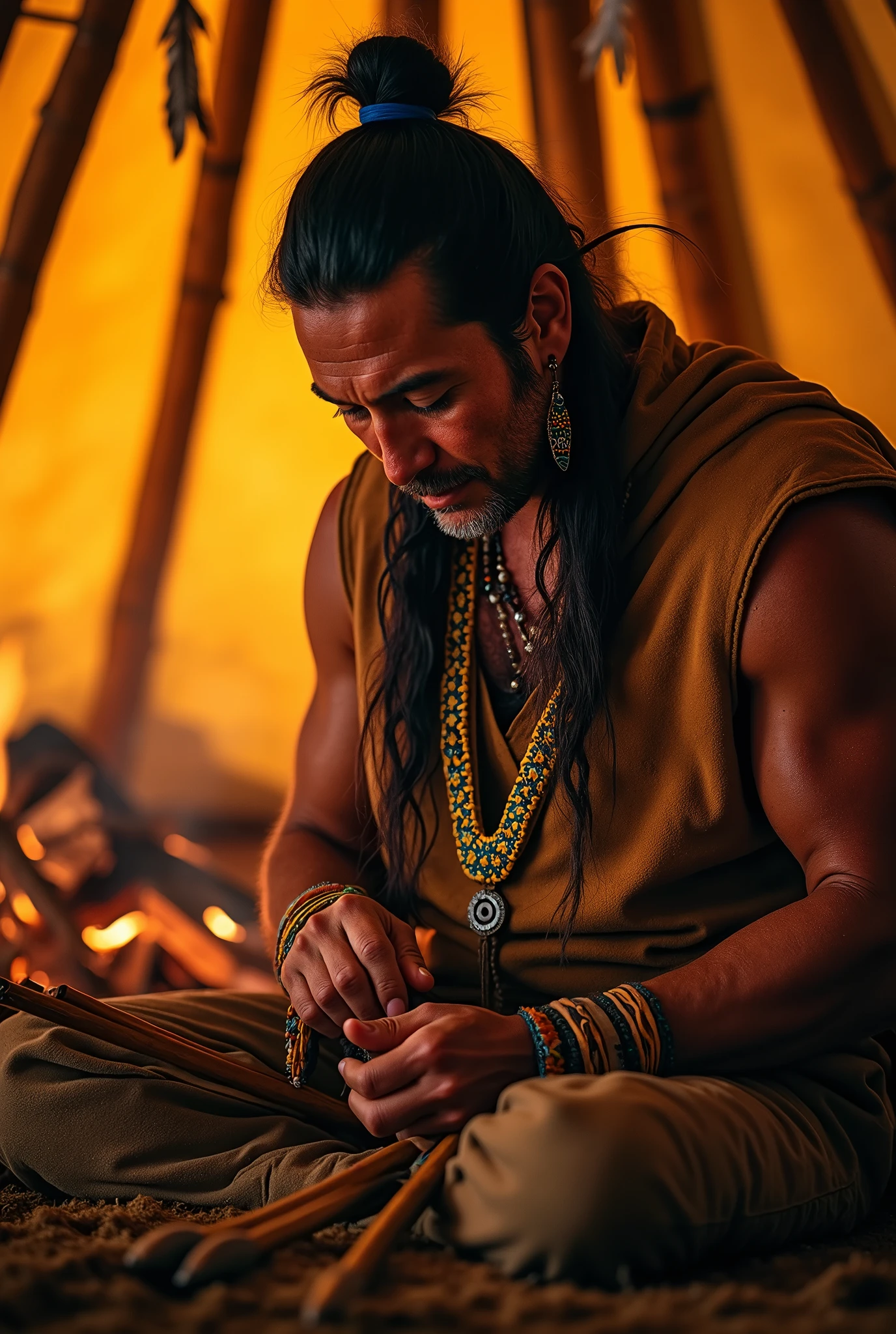 a native indian sharpening arrows with his teeth in a teepee