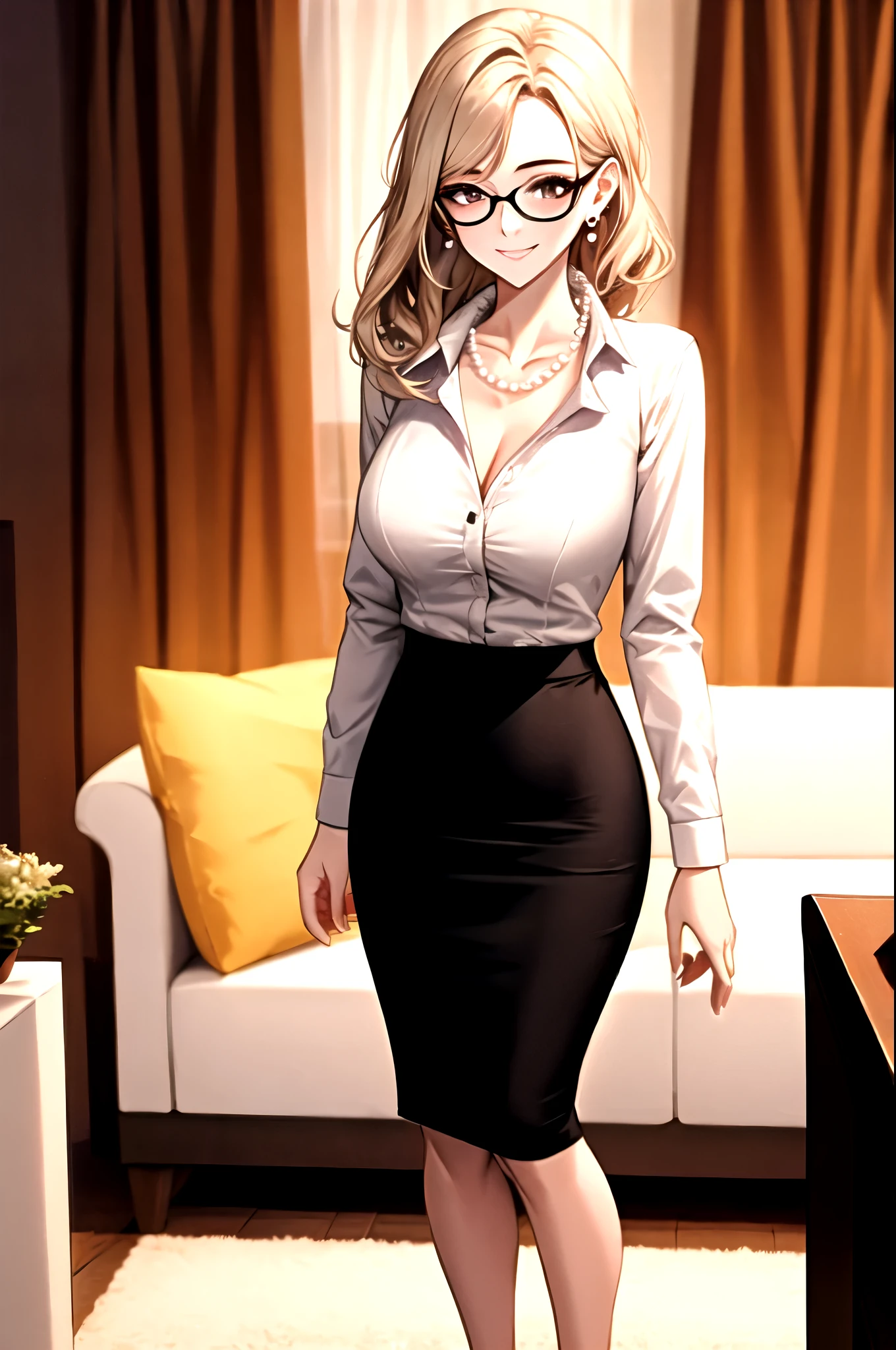 （（super high quality,Ultra-high resolution,4K,8k,super masterpiece,Ultra HD ,Detailed shading））,Looking at the camera,The living room bathed in morning sunlight,Full body photo,A sexy mother is standing.,popped collar White shirts,Tight collar,Long sleeve,Show the hem,BLACK Pencil Mini Skirt,sexly,Long black straight hair that reaches the shoulders,Sweep your bangs to the side,Glasses,smile,Pearl Earrings,Pearl Necklace,Engagement Rings,Clasp your hands in front of you,